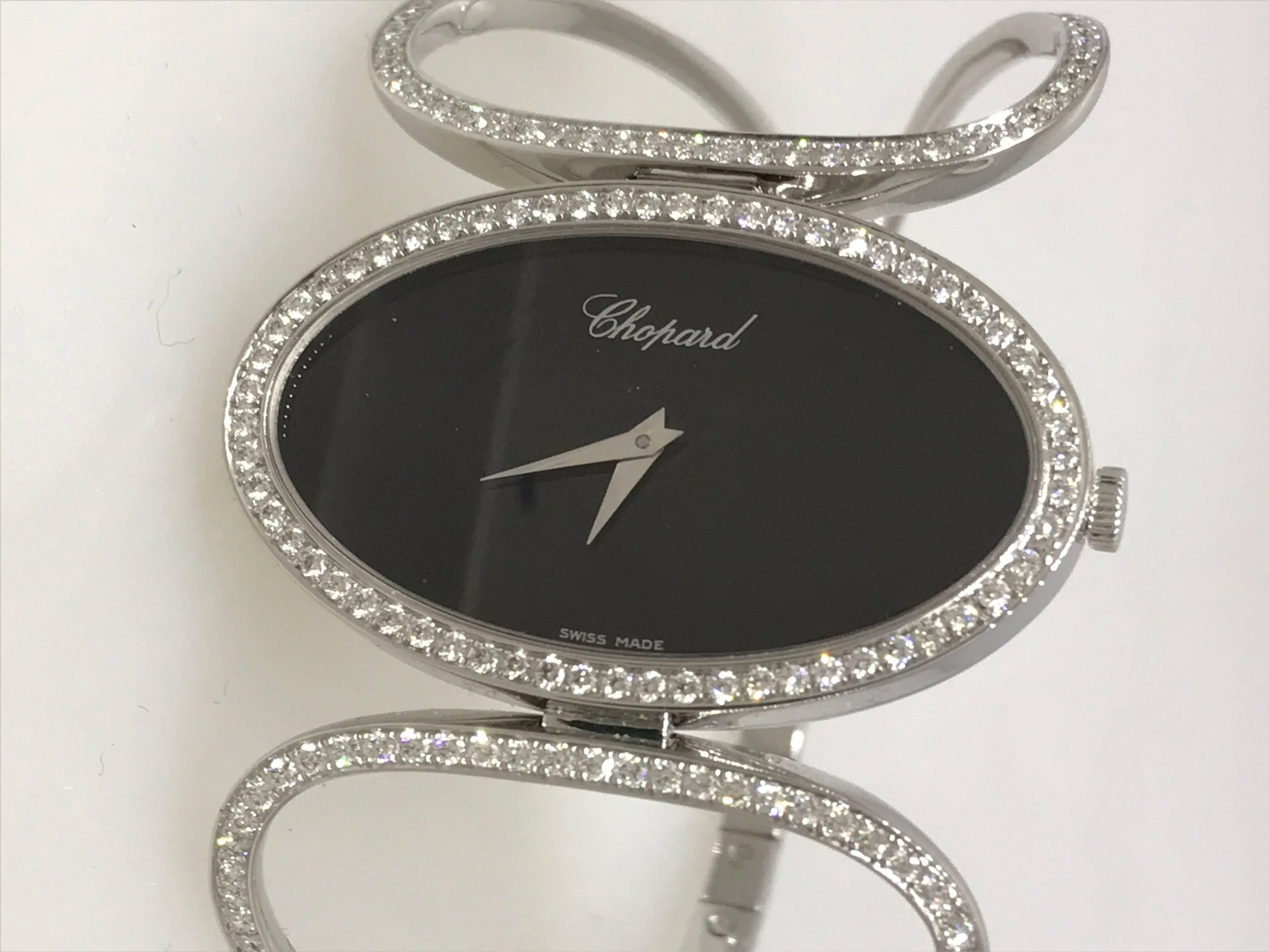 Chopard Classique Lady's watch

Model Number: 10/7223-1001

100% Authentic

New / Old Stock

Comes with original Chopard certificate of authenticity and warranty, and jewels manual

18 Karat White Gold Case and Bracelet

Case and Bracelet set with