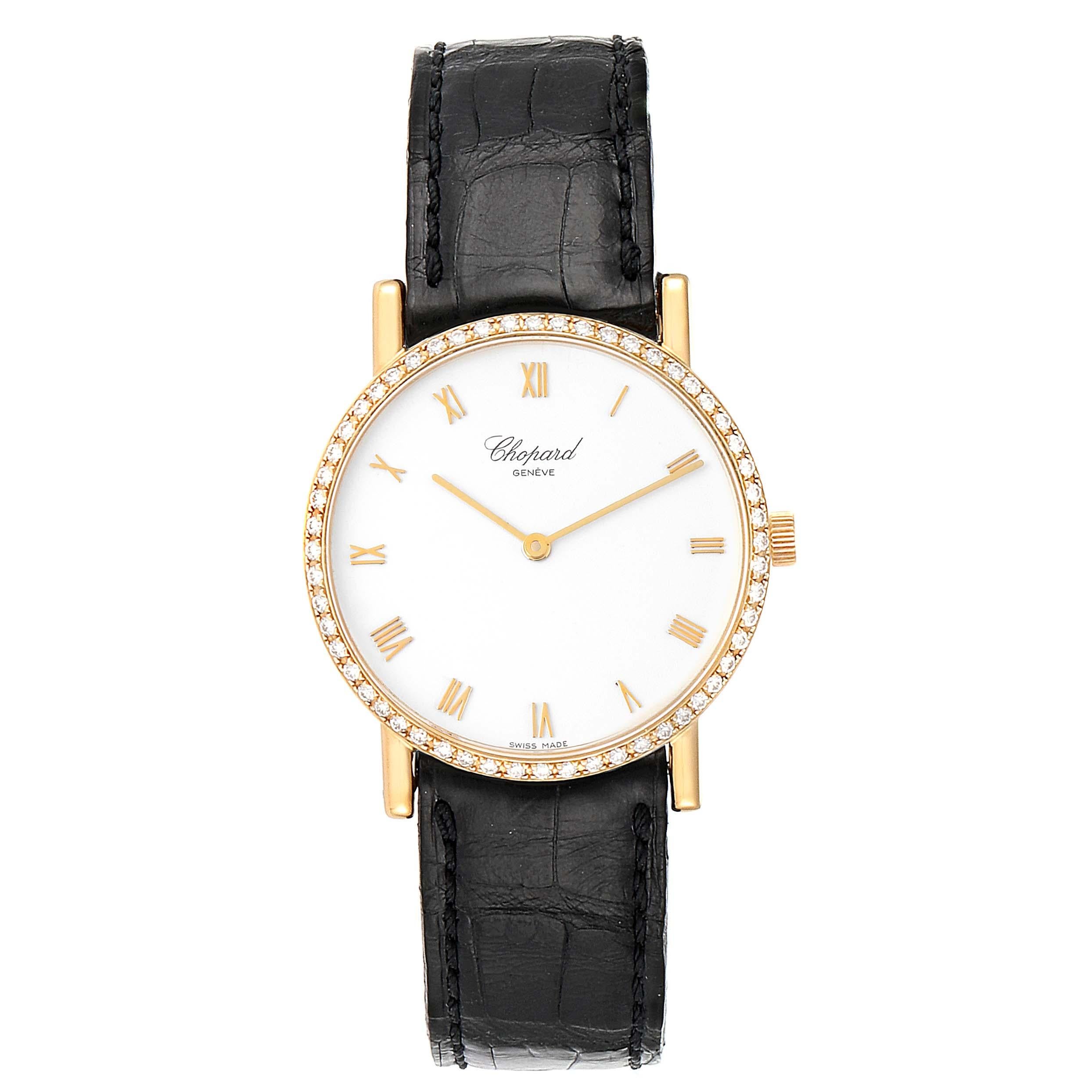 Chopard Classique Yellow Gold Diamond Mens Watch 3154. Manual winding movement. 18K yellow gold case 34 mm in diameter. Original Chopard factory diamond bezel. Scratch resistant sapphire crystal. White dial with yellow gold Roman numerals. Black