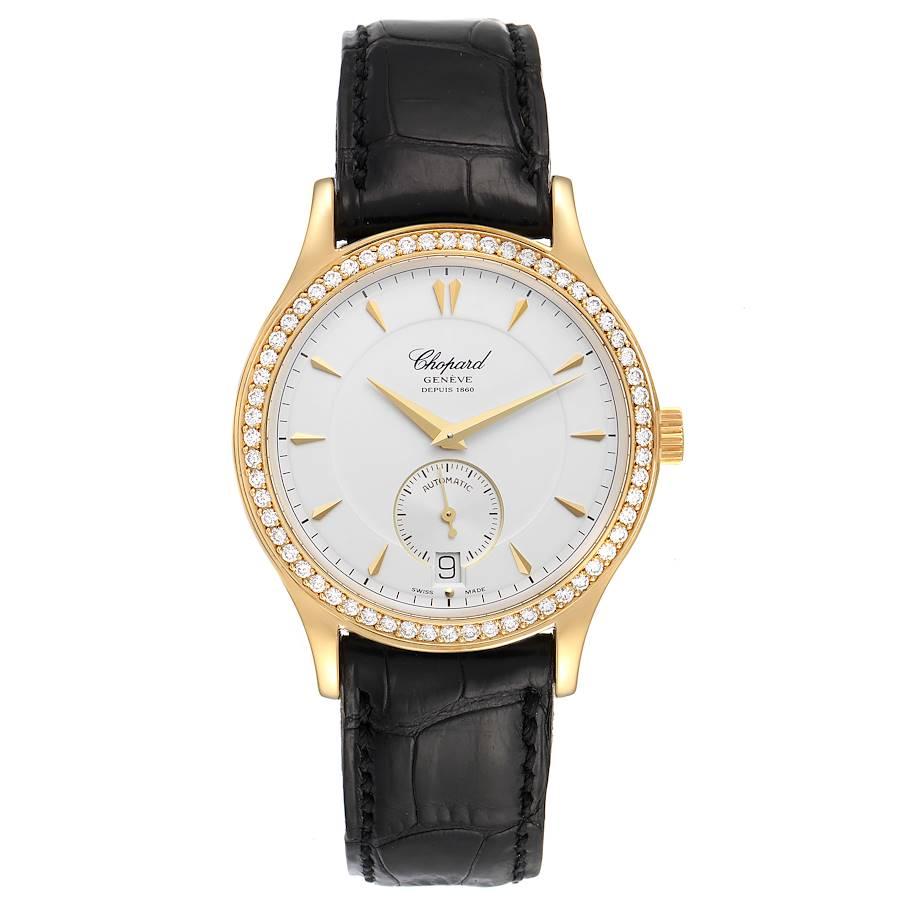 Chopard Classique Yellow Gold Silver Dial Diamond Mens Watch 1860. Automatic self-winding movement. 18k yellow gold polished two-body case 36.5 mm in diameter. straight lugs. stepped bezel. L.U.C. logo on a crown. 18k yellow gold original Chopard