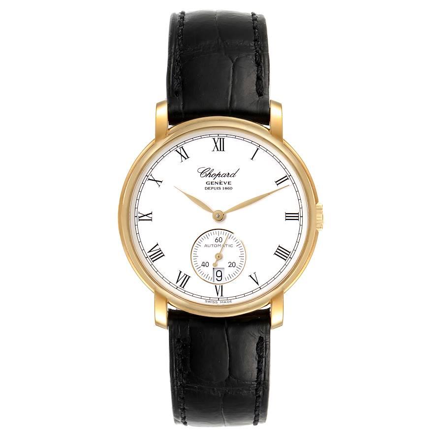 Chopard Classique Gelbgold Weißes Zifferblatt Herrenuhr 1223 Box Papiere. Original Chopard Cosc und Poinson de Geneve zertifiziertes Automatikwerk. Rhodiniert, fausses cotes Dekoration, geradlinige Ankerhemmung, monometallische Unruh mit 5