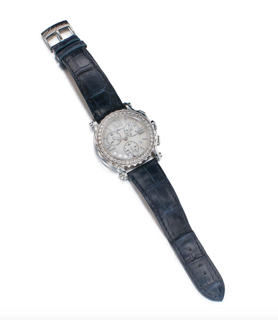 Round Cut Chopard Diamond and Mother of Pearl 'Happy Sport' Chronograph Wristwatch For Sale