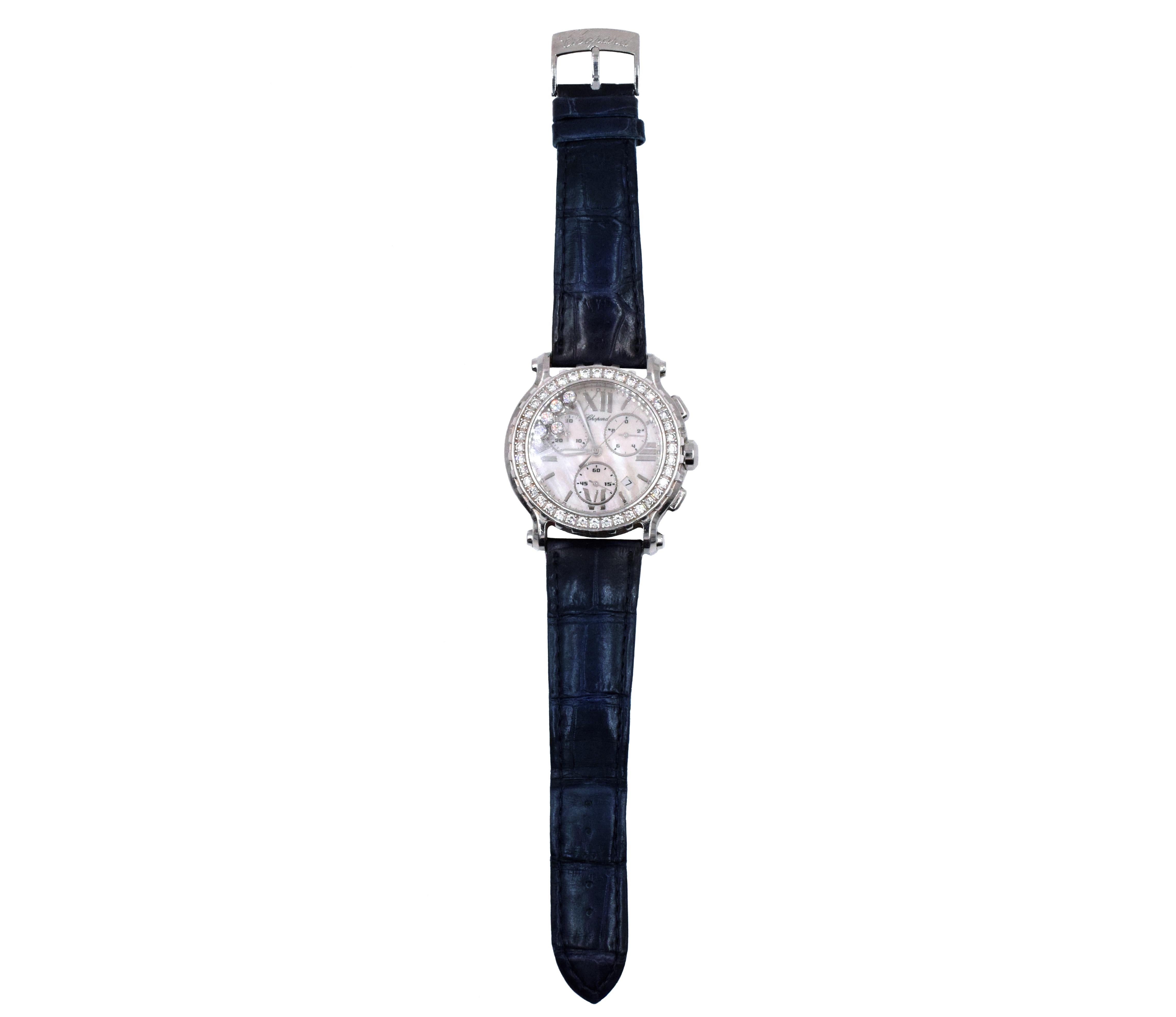 Chopard Diamond and Mother of Pearl 'Happy Sport' Chronograph Wristwatch In Excellent Condition For Sale In New York, NY