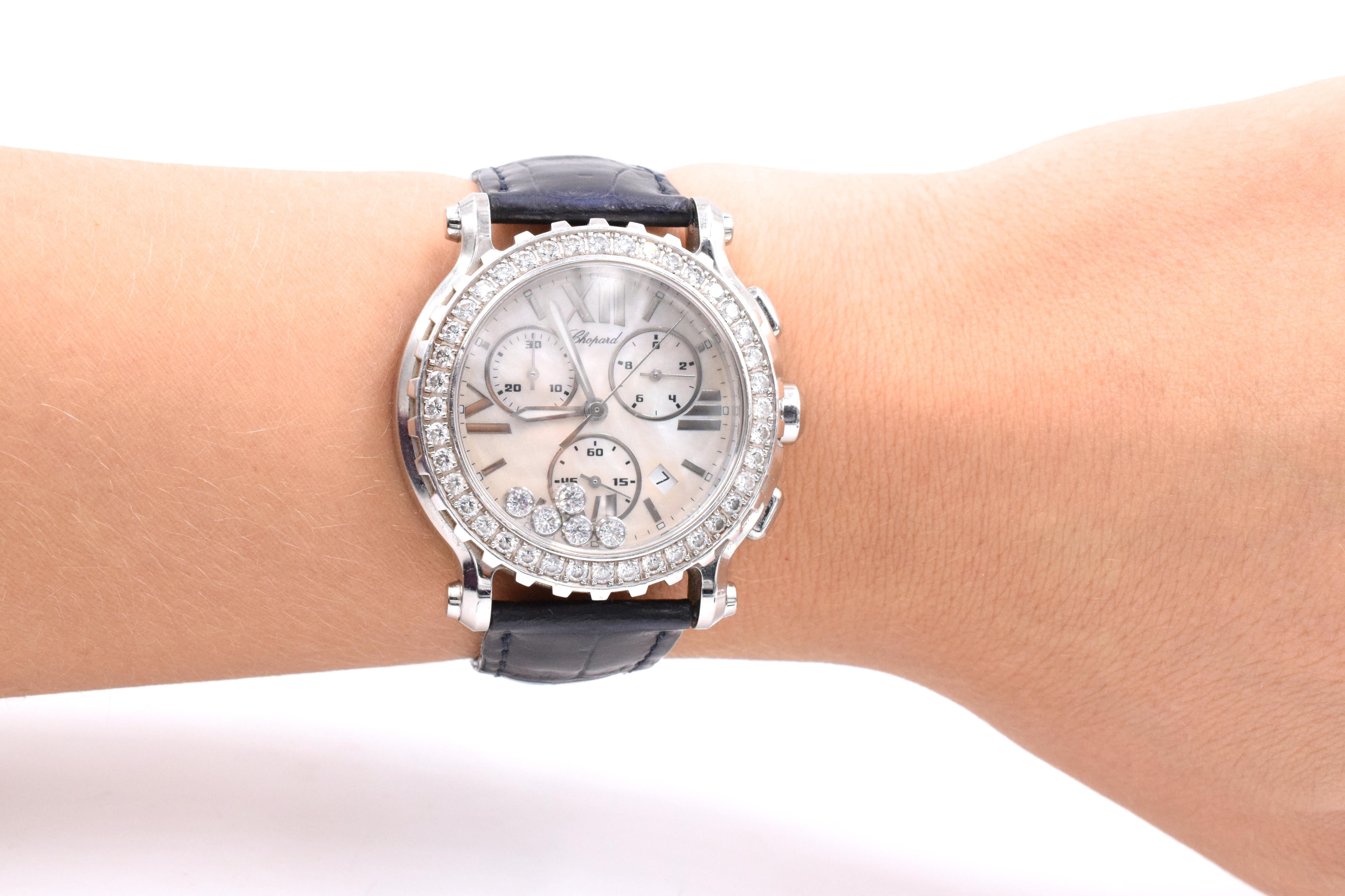 Women's or Men's Chopard Diamond and Mother of Pearl 'Happy Sport' Chronograph Wristwatch For Sale