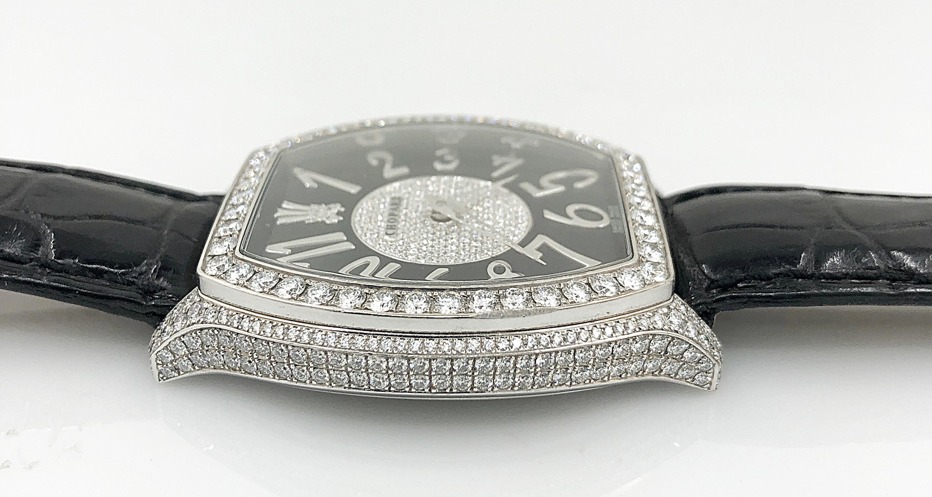 Uhr mit schwarzem Lederarmband von Chopard Diamond (Rundschliff)
