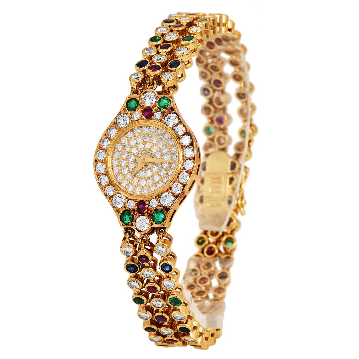 Round Cut Chopard Diamond Emerald Ruby Sapphire 18K Gold Bracelet Watch