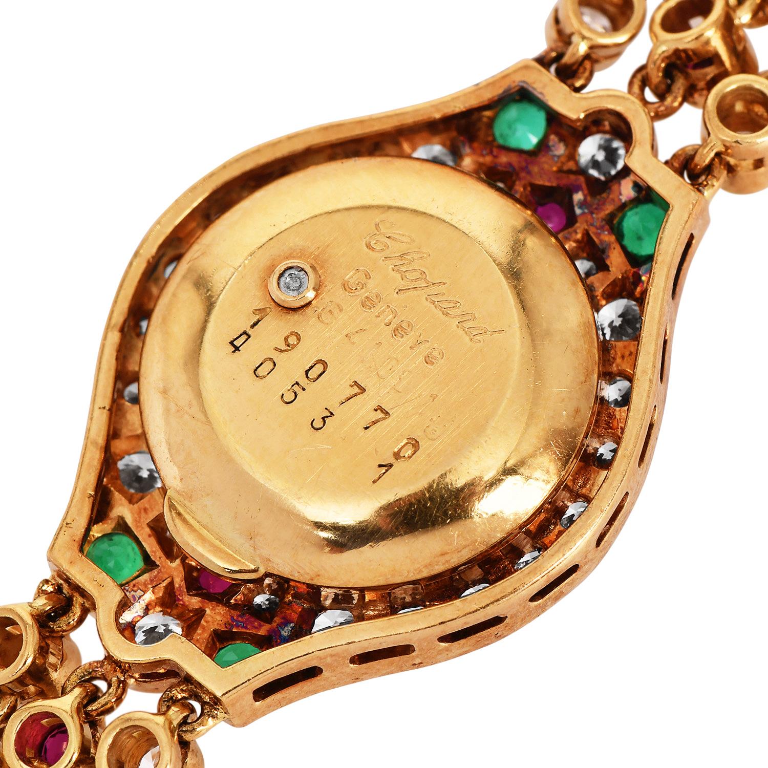Chopard Diamond Emerald Ruby Sapphire 18K Gold Bracelet Watch In Excellent Condition In Miami, FL