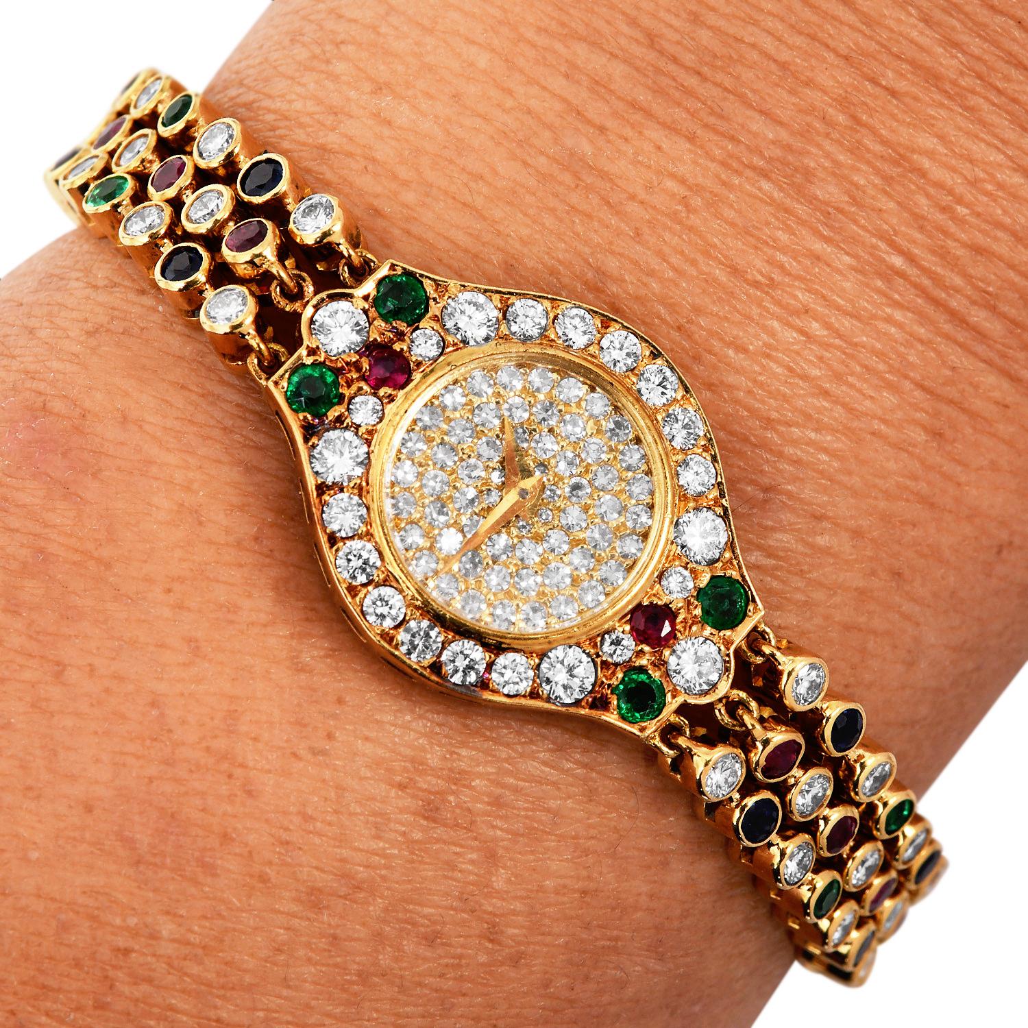 Chopard Diamond Emerald Ruby Sapphire 18K Gold Bracelet Watch 3
