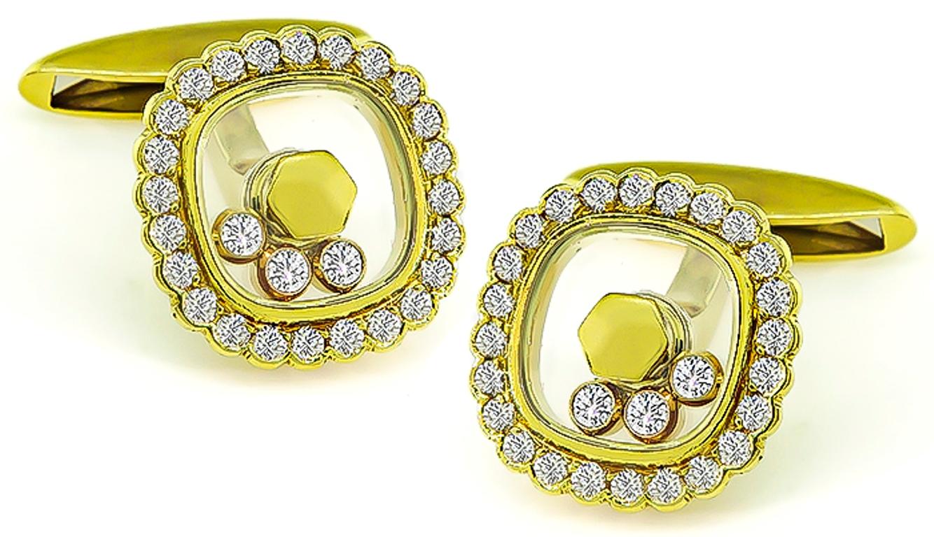 This fabulous pair of 18k yellow gold cufflinks by Chopard features sparkling round cut diamonds that weigh approximately 1.60ct. graded F-G color with VS clarity. The head of the cufflinks measure 16mm by 16mm. They are signed Chopard 750 and weigh