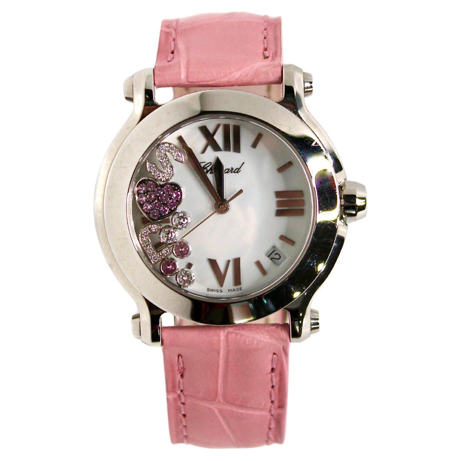 Pre-owned Chopard Diamond Happy Sport Pink Leather 36mm Wrist Watch