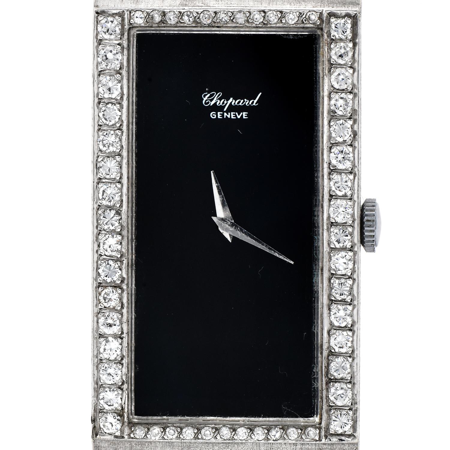 Chopard, montre vintage rectangulaire à remontage, en or blanc 18 carats, onyx et diamants Excellent état - En vente à Miami, FL