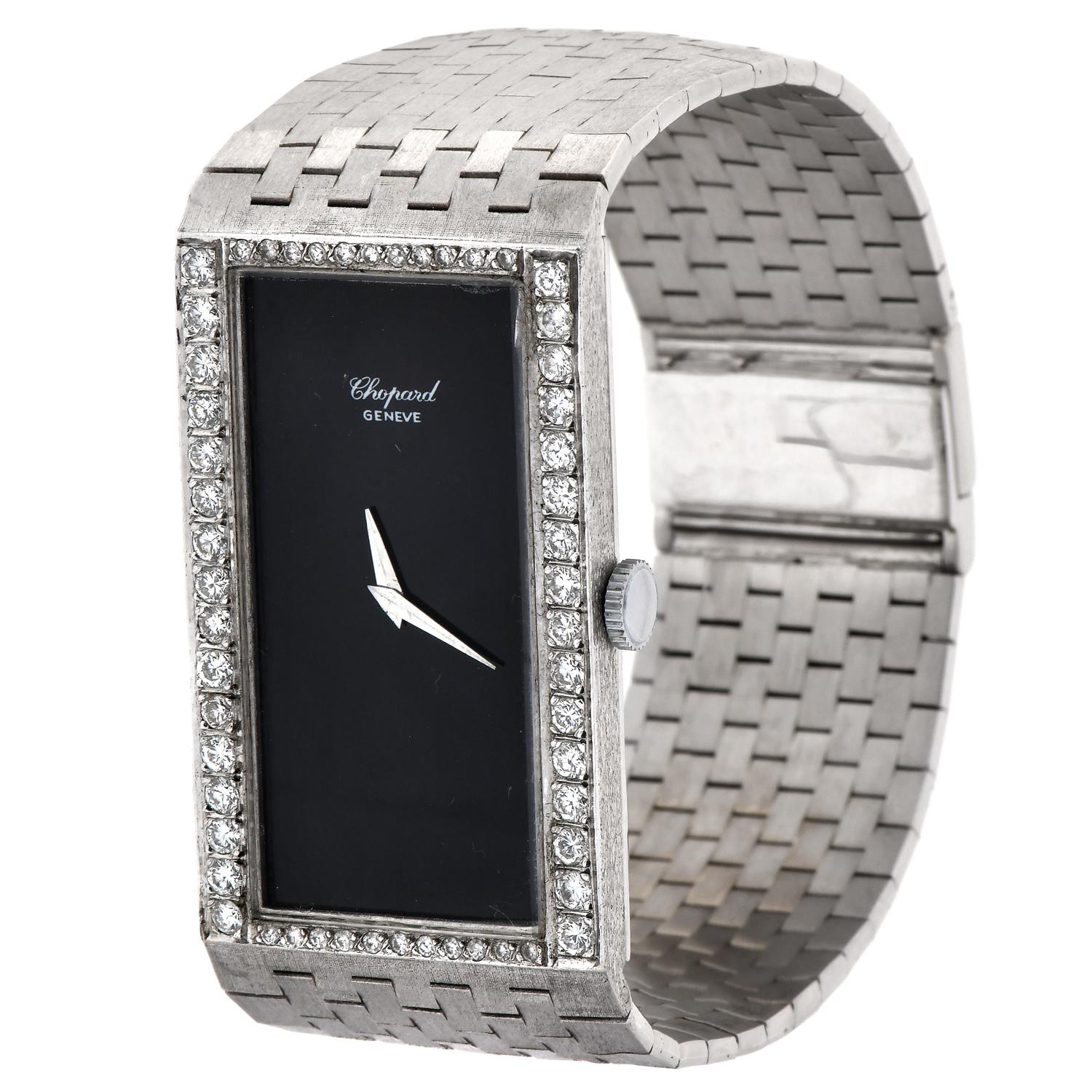 Chopard, montre vintage rectangulaire à remontage, en or blanc 18 carats, onyx et diamants Pour femmes en vente