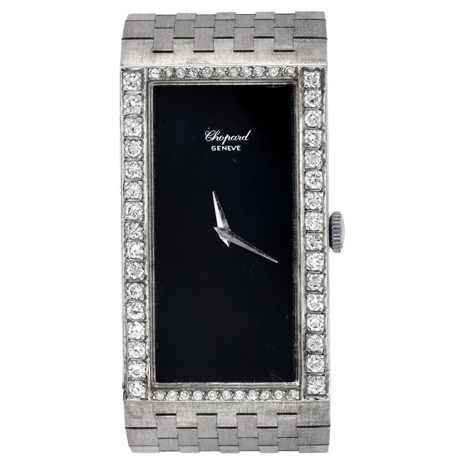 Chopard Diamond Onyx 18K White Gold Rectangular Vintage Winding Ladies Watch For Sale