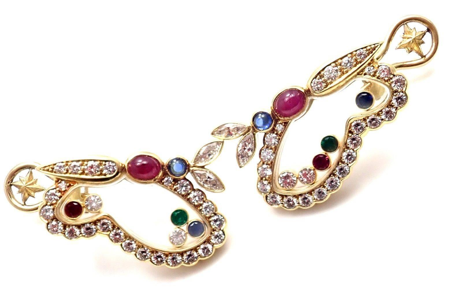 Chopard Diamond Ruby Sapphire Happy Butterfly Yellow Gold Earrings 1