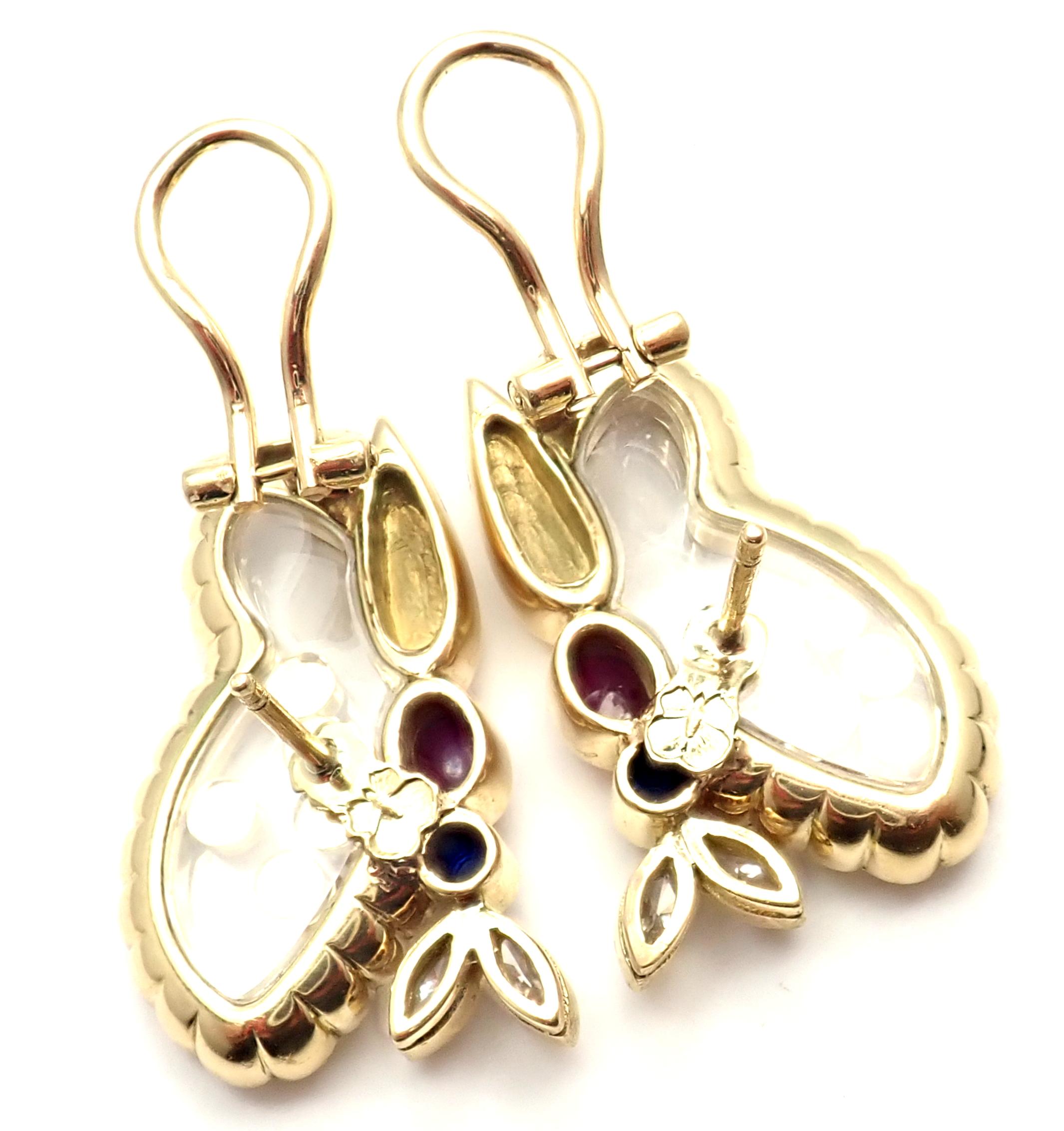 Chopard Diamond Ruby Sapphire Happy Butterfly Yellow Gold Earrings In Excellent Condition In Holland, PA