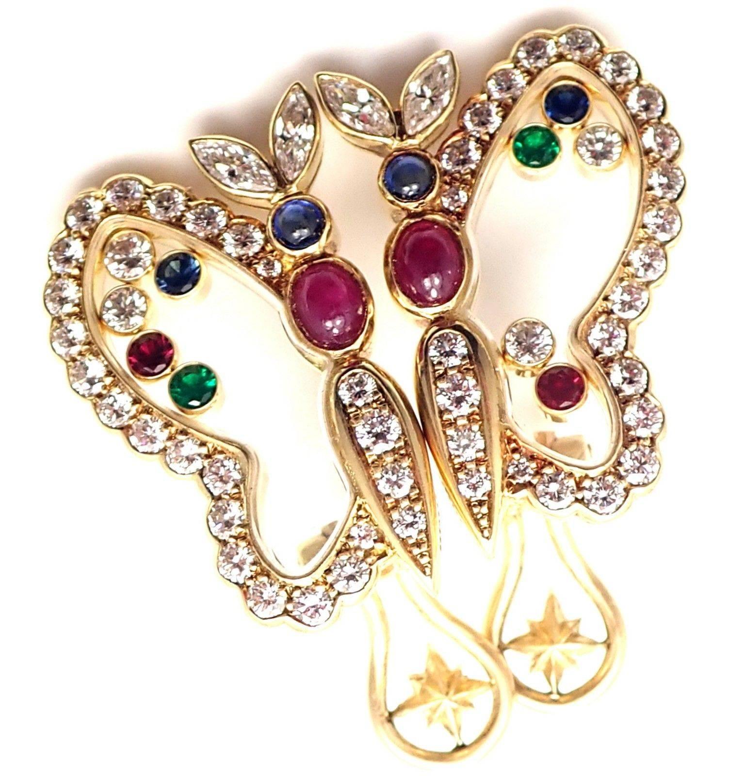 Chopard Diamond Ruby Sapphire Happy Butterfly Yellow Gold Earrings 2