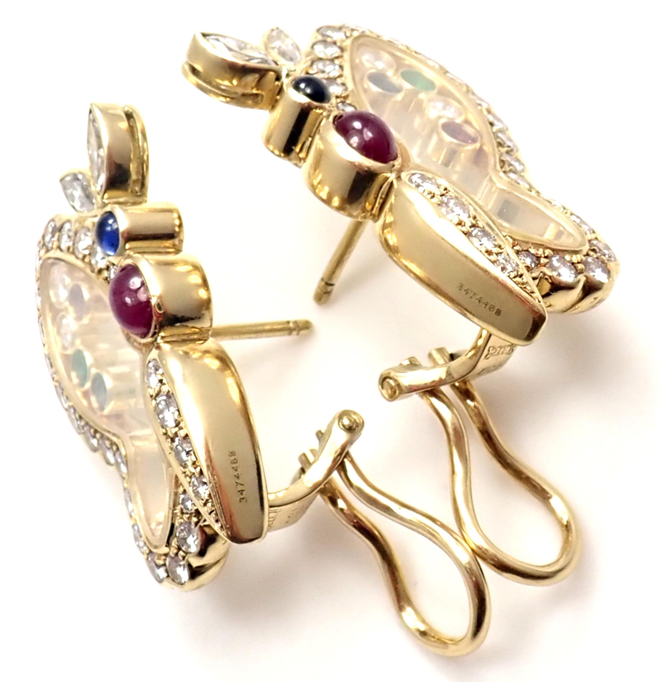 Women's or Men's Chopard Diamond Ruby Sapphire Happy Butterfly Yellow Gold Earrings
