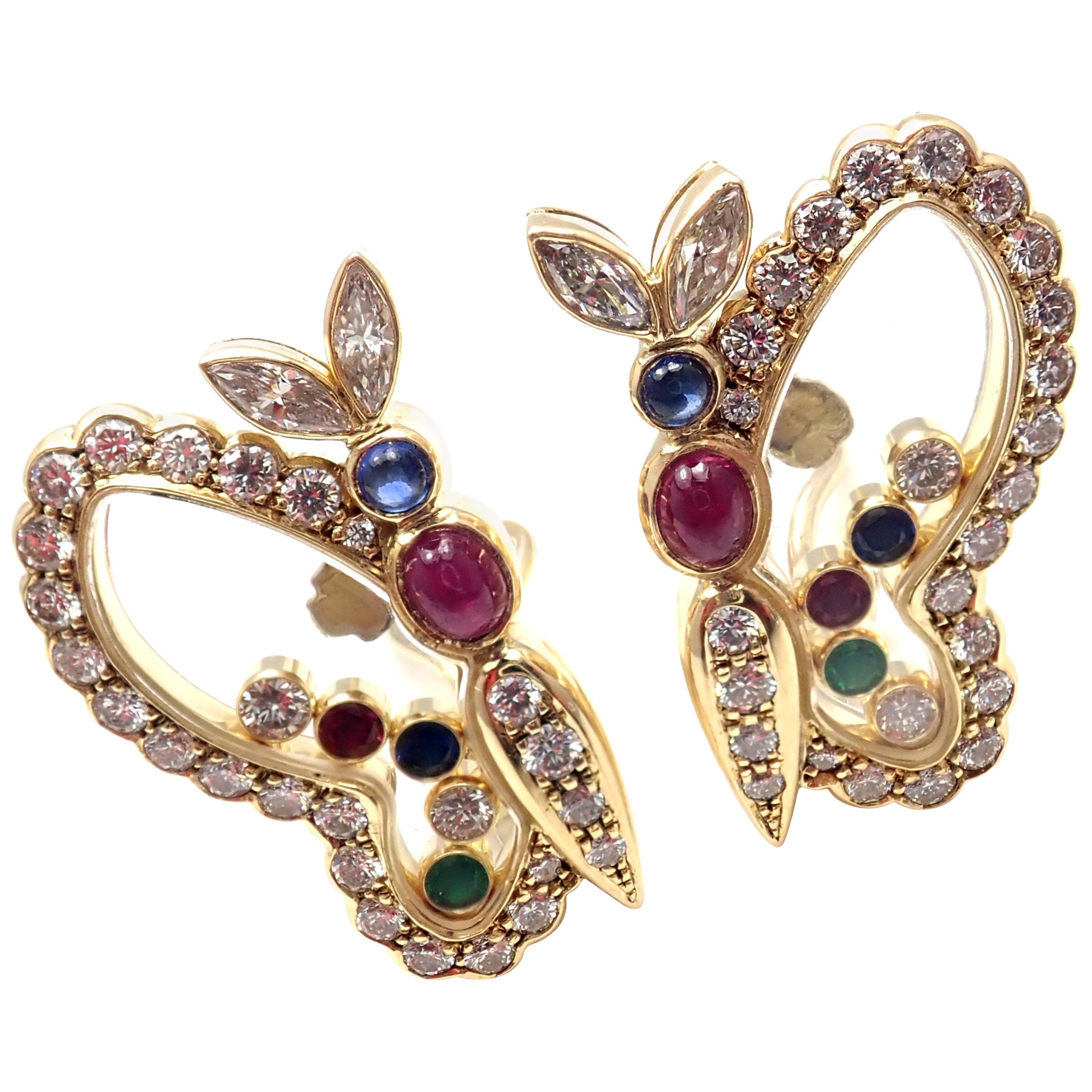Chopard Diamond Ruby Sapphire Happy Butterfly Yellow Gold Earrings