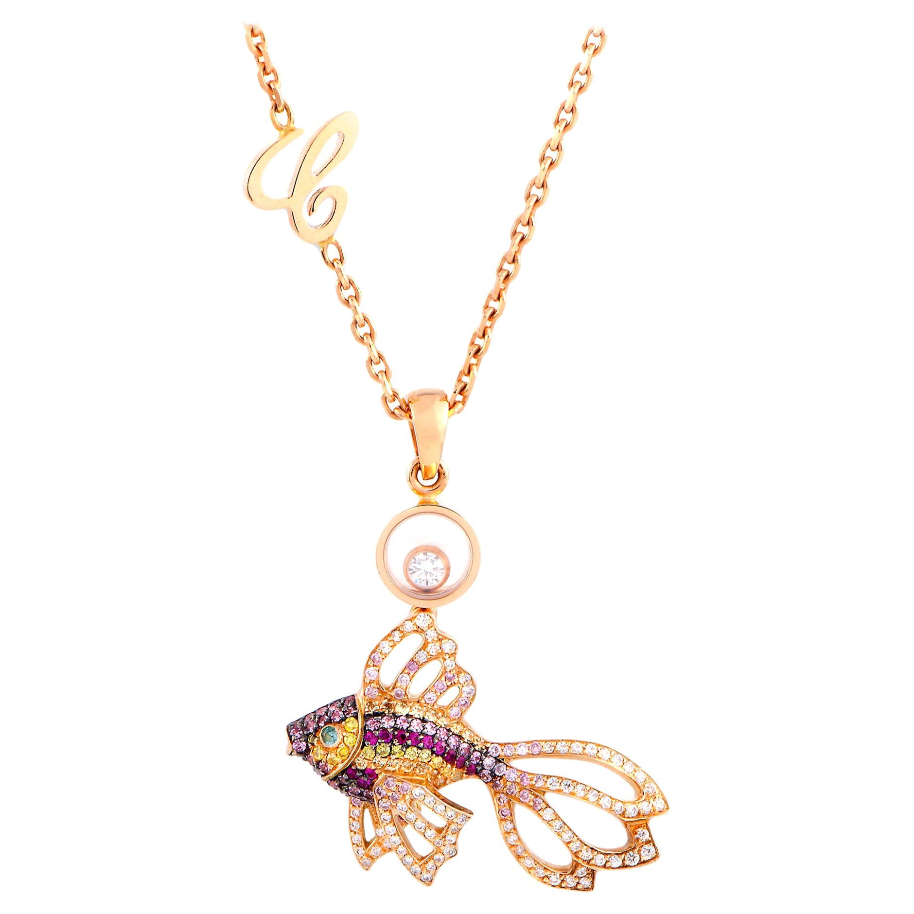 Chopard Diamond Sapphire Ruby and Paraiba Tourmaline Gold Fish Pendant Necklace