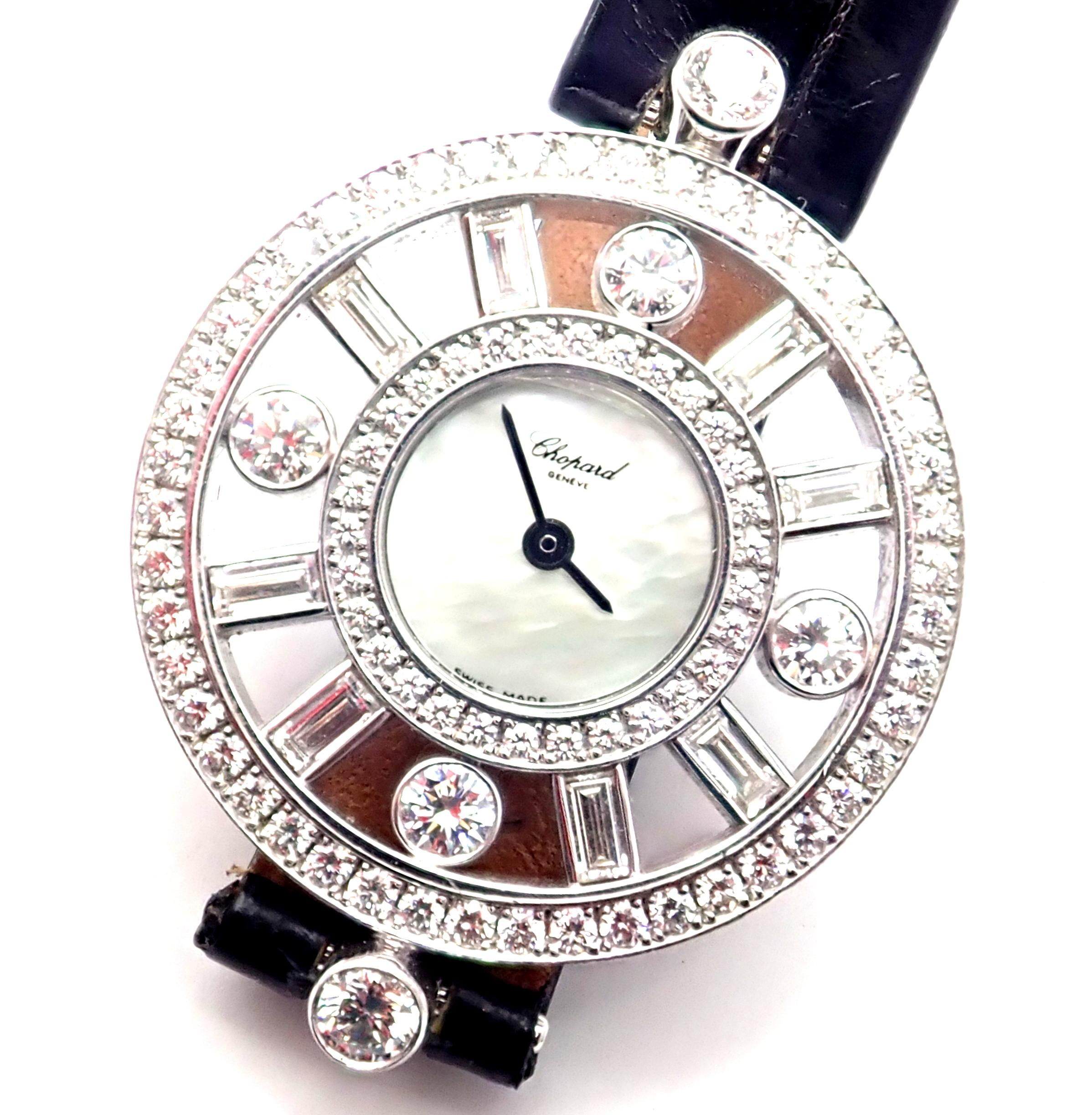 18k white gold and diamond watch by Chopard.
With 84x Round brilliant cut diamonds VVS1 clarity, E color total weight approx. 1.46ctw
This watch comes with Chopard paper.
This watch comes with paper.
Reference Number: 13/6985
Case Material: 18k