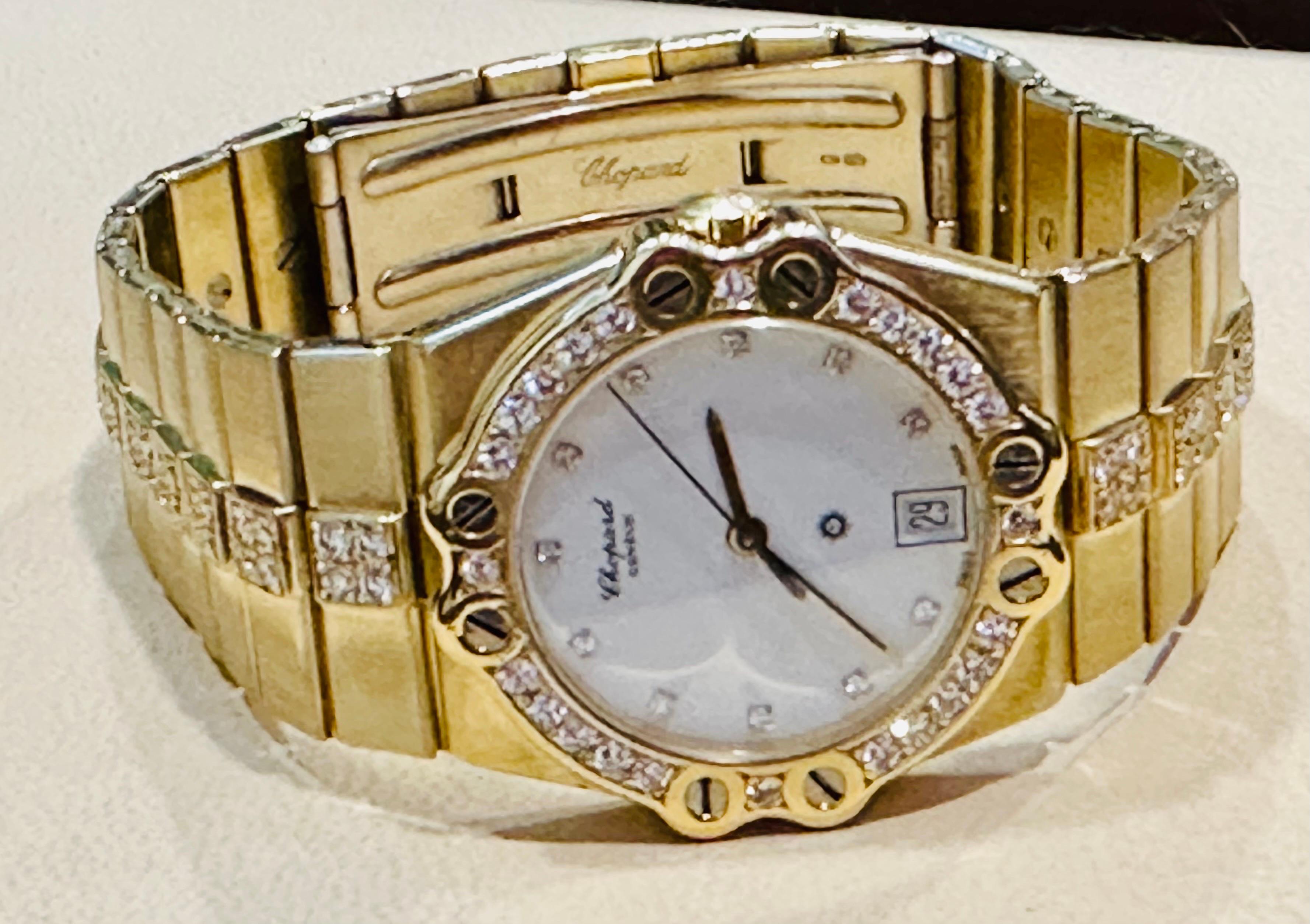 Chopard Factory Diamond 18 Karat Yellow Gold 153 Grams  Diamond Belt Watch with date display
H2612
# 13883
2171
Swiss Made
- White Dial
-  Diamonds on each hr Inside Dial
- Diamonds Set on Bezel
- diamonds on the belt /Bracelet
- Battery Operated