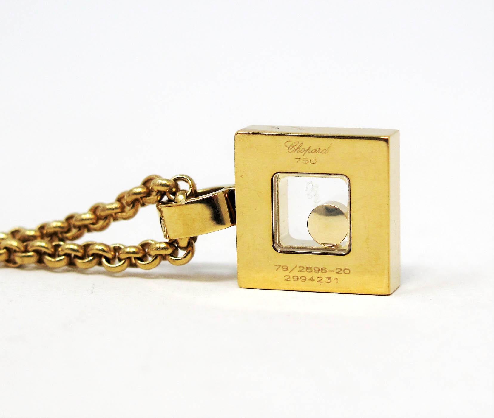 Round Cut Chopard Floating Happy Diamonds Square Pendant Necklace in 18 Karat Yellow Gold 