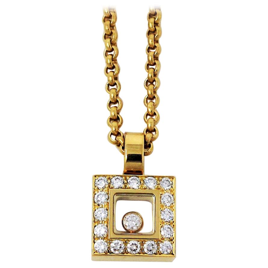 Chopard Floating Happy Diamonds Square Pendant Necklace in 18 Karat Yellow Gold 