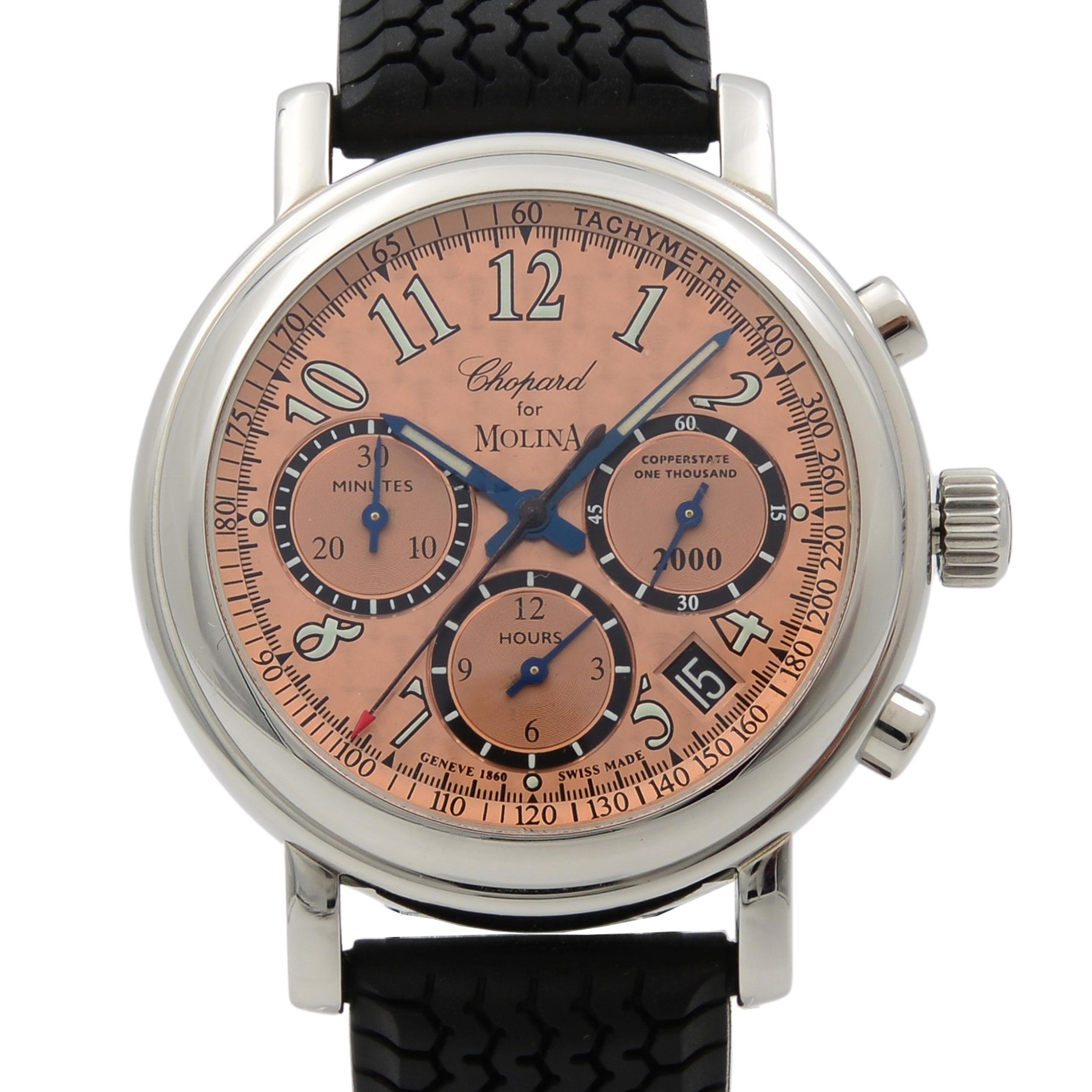 This pre-owned Chopard Molina 8331 is a beautiful Ladie's timepiece that is powered by mechanical (automatic) movement which is cased in a stainless steel case. It has a round shape face, chronograph, chronograph hand, date indicator, small seconds