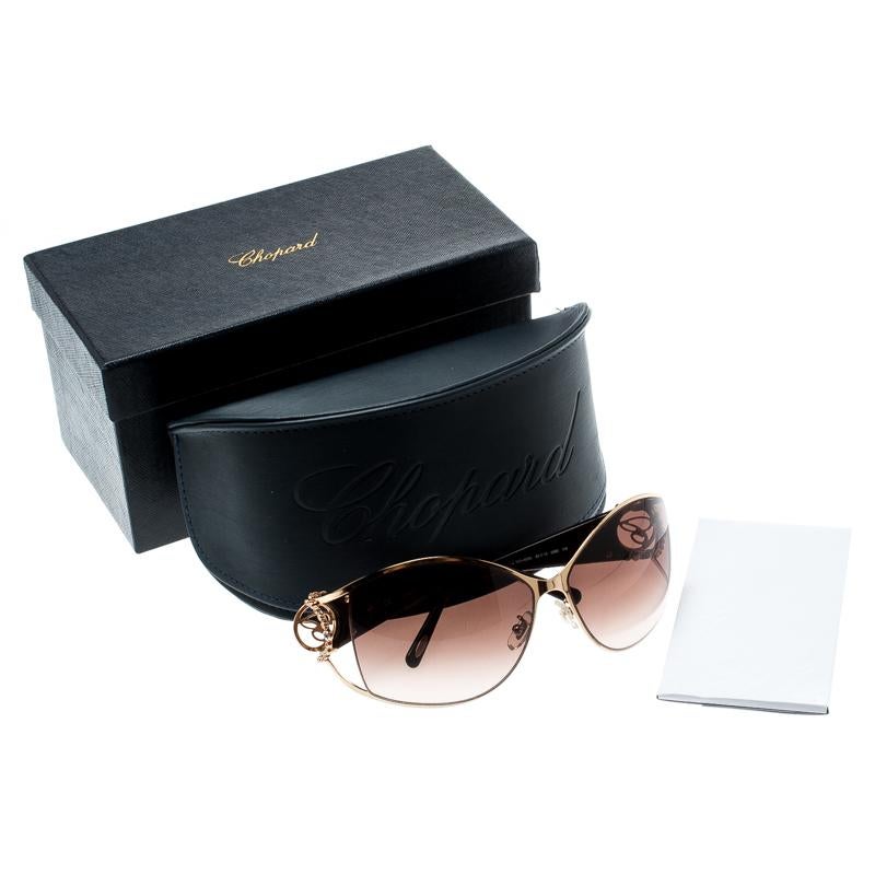 Women's Chopard Gold/Brown Gradient SCH 805S Crystal Embellished Rectangular Sunglasses