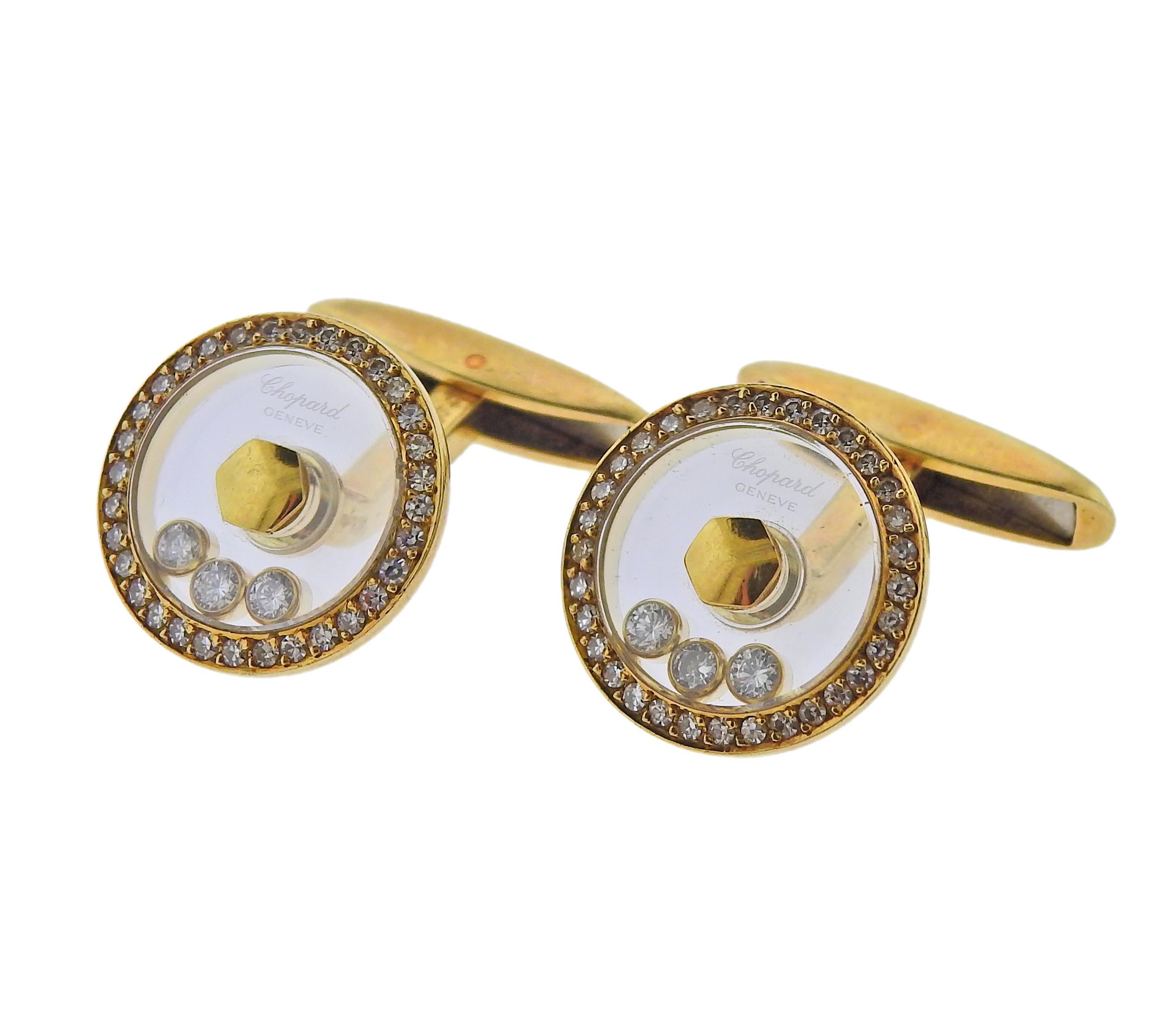 Pair of 18k gold Happy Diamonds cufflinks by Chopard, with approx. 0.70ctw in FG/VVS diamonds.  Cufflink top is 18mm in diameter. Marked: Chopard, 750, LUC. Weight - 17.5 grams. 