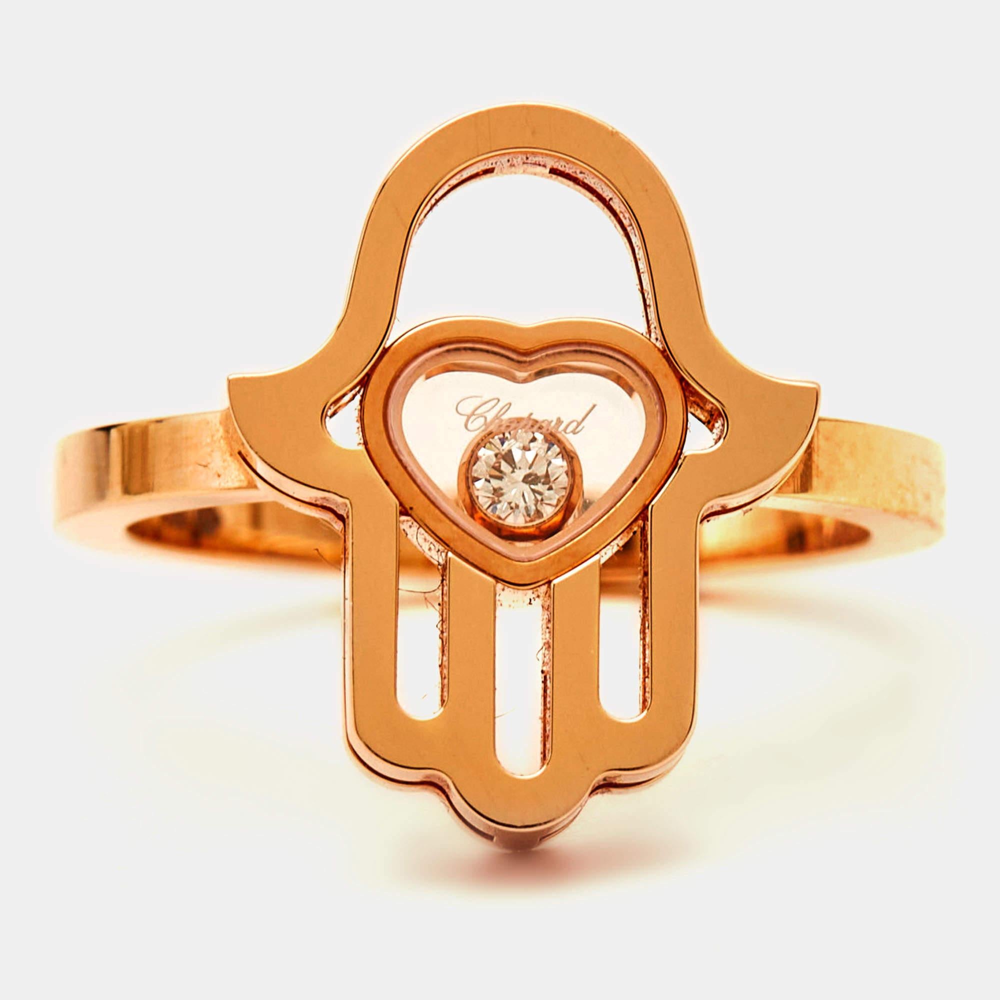 Women's Chopard Good Luck Charm Hamsa Hand Diamond 18K Rose Gold Ring Size 50 For Sale