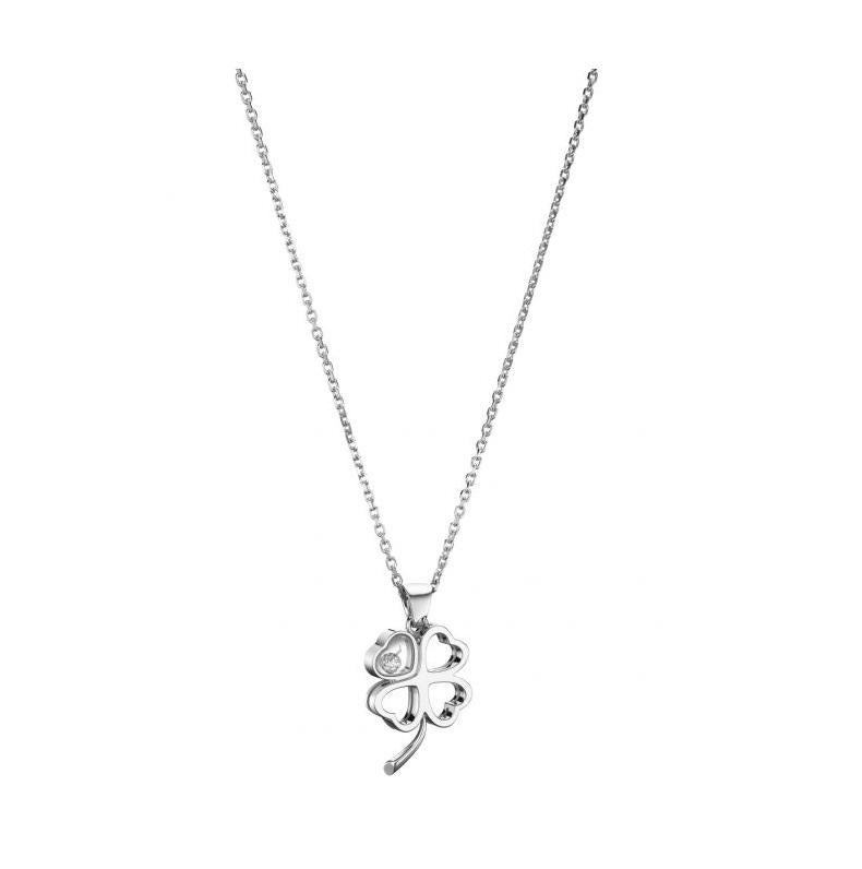 Chopard GOOD LUCK CHARMS PENDANT with 18k white gold and diamond. A stunning four-leaf clover pendant in 18k white gold delicately hangs from a feminine chain. Joyful and unique, its rounded lines hold a freely moving diamond, dancing in celebration