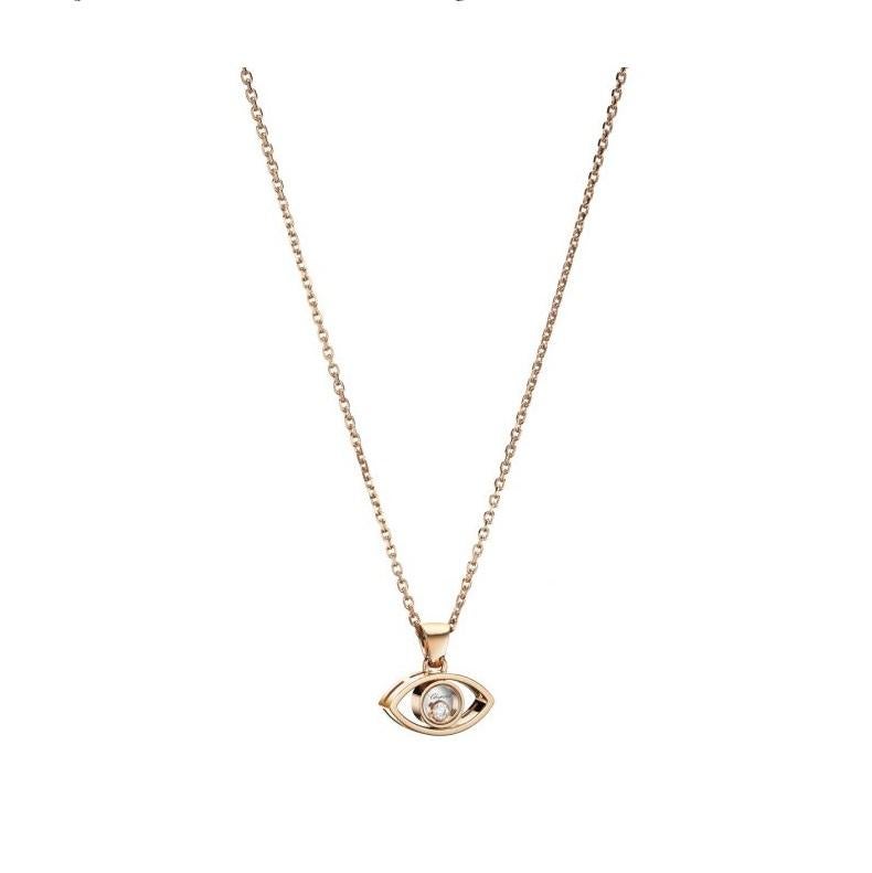 Chopard GOOD LUCK CHARMS PENDANT with 18k rose gold and diamond.  A stunning eye pendant in 18k rose gold delicately hangs from a feminine chain. Joyful and unique, its rounded lines hold a freely moving diamond, dancing in celebration of light and
