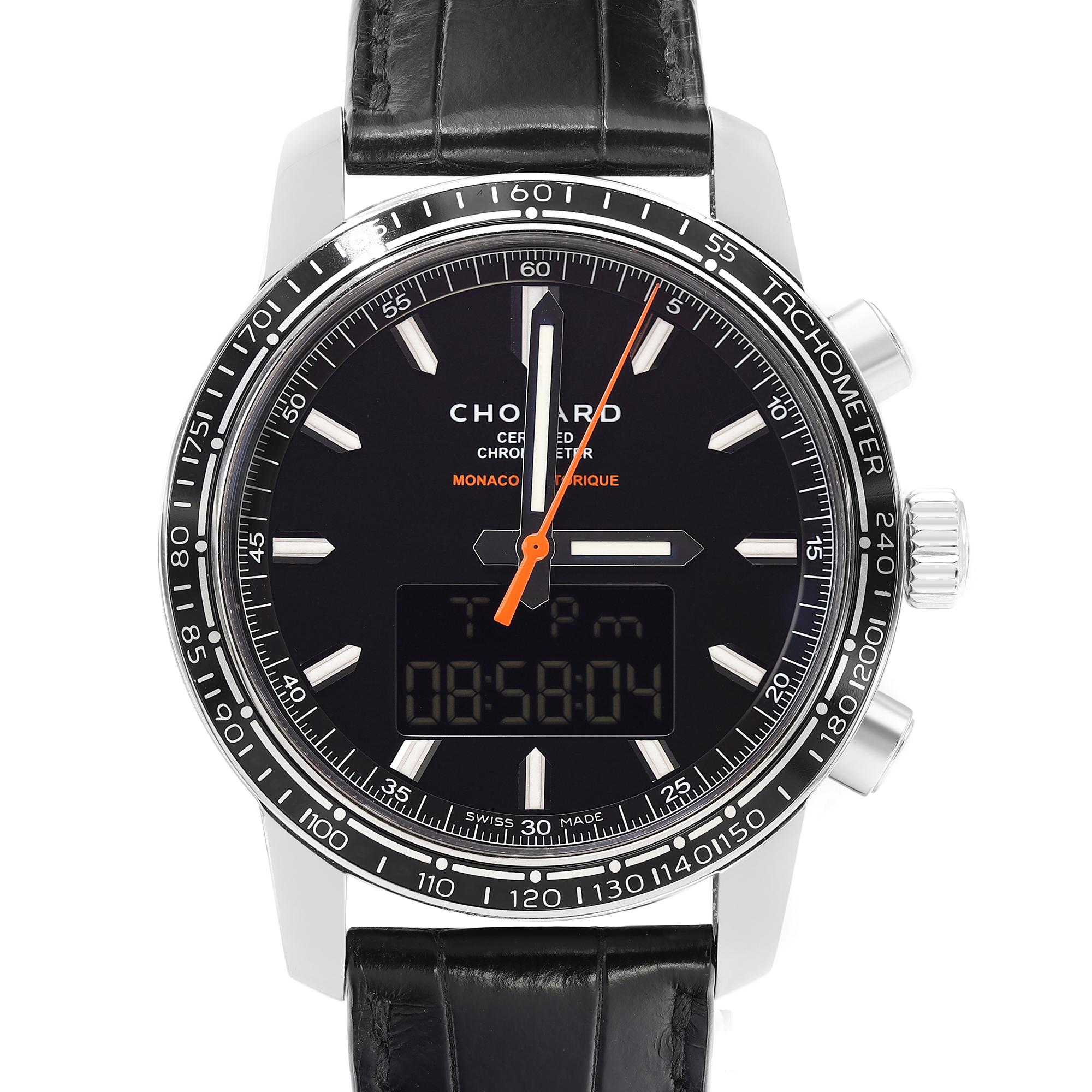Pre-owned Chopard Grand Prix De Monaco Historique Time Attack Analog Digital Watch 168518-3001. The timepiece has tiny scratches and micro dents on the bezel insert, the band is used in good condition. The watch is powered by Quartz movement and
