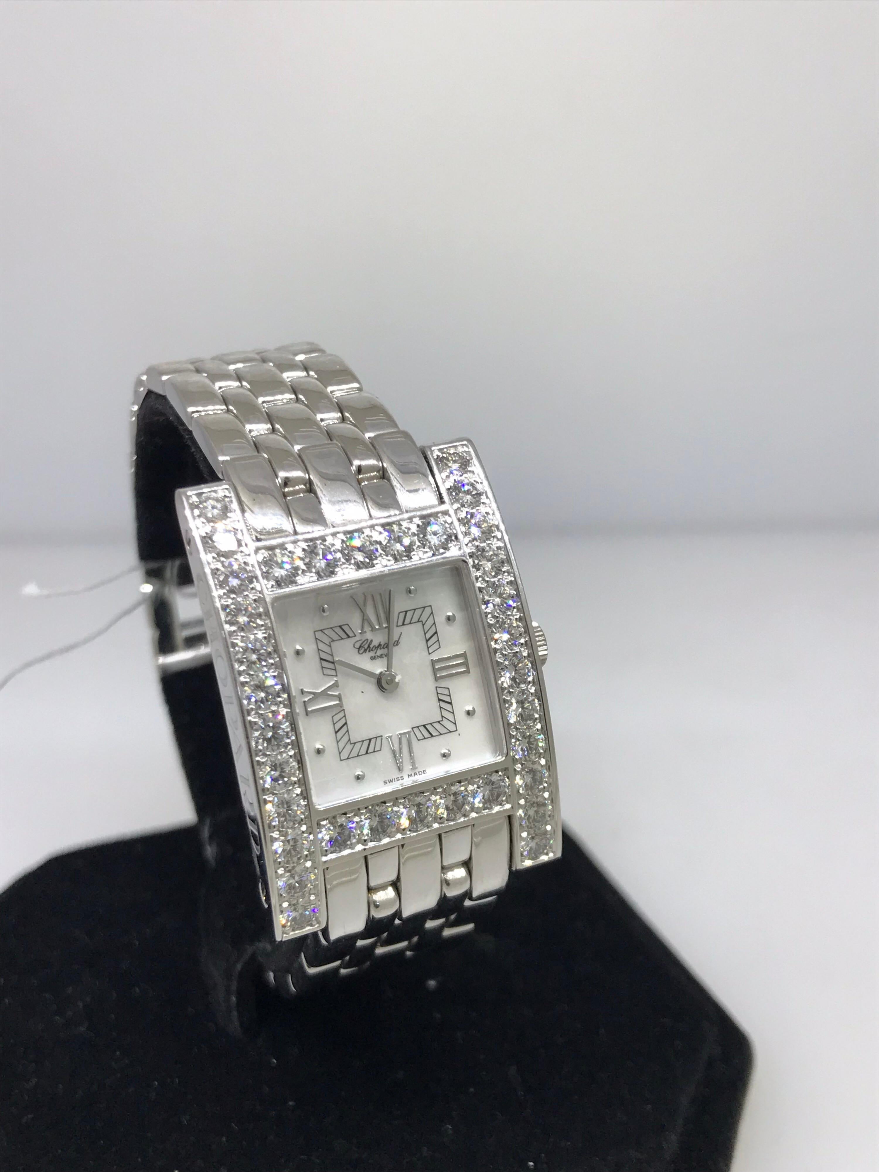 Chopard H White Gold Diamond Mother of Pearl Ladies Bracelet Watch 10/6805 New In Excellent Condition For Sale In New York, NY