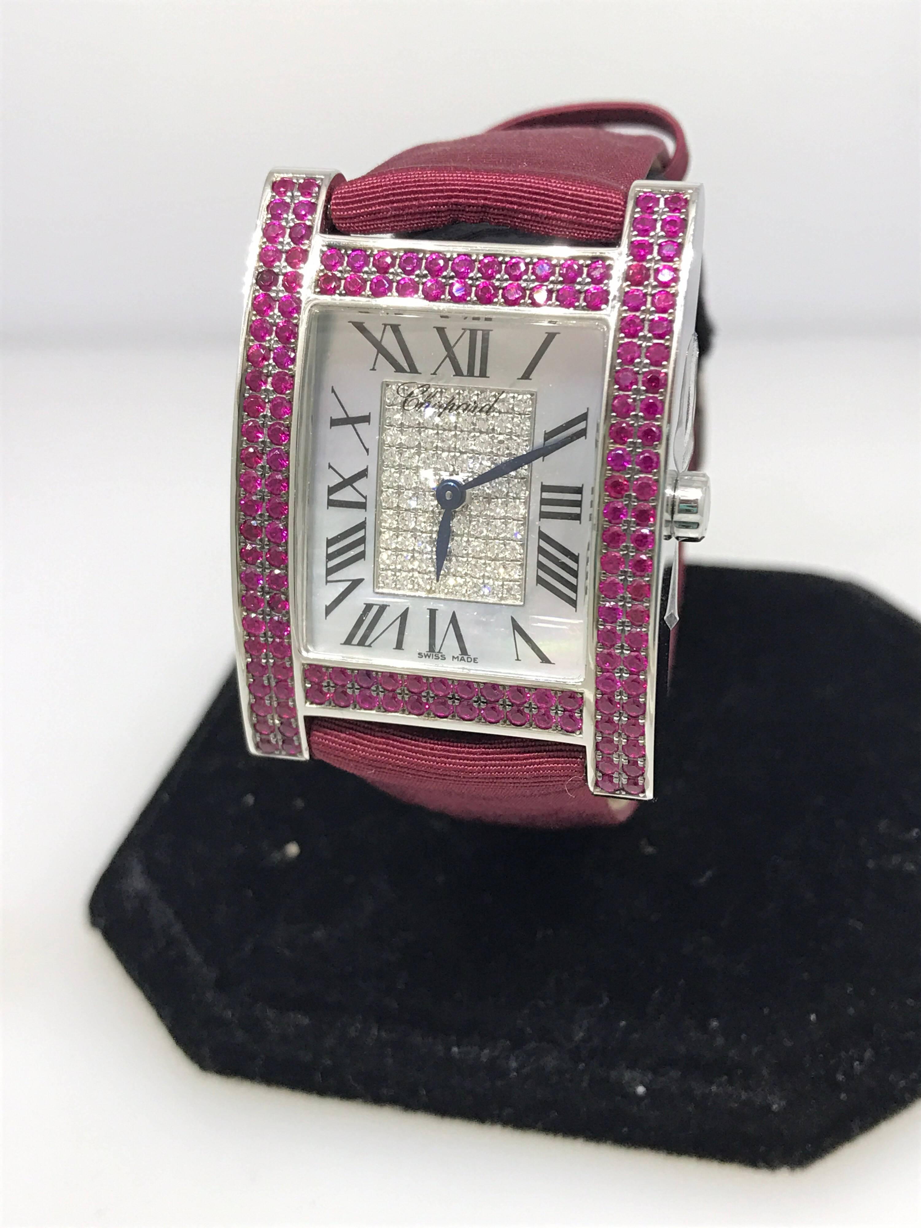 Chopard H White Gold Rubies and Diamonds Satin Band Ladies Watch 17/3451 For Sale 4