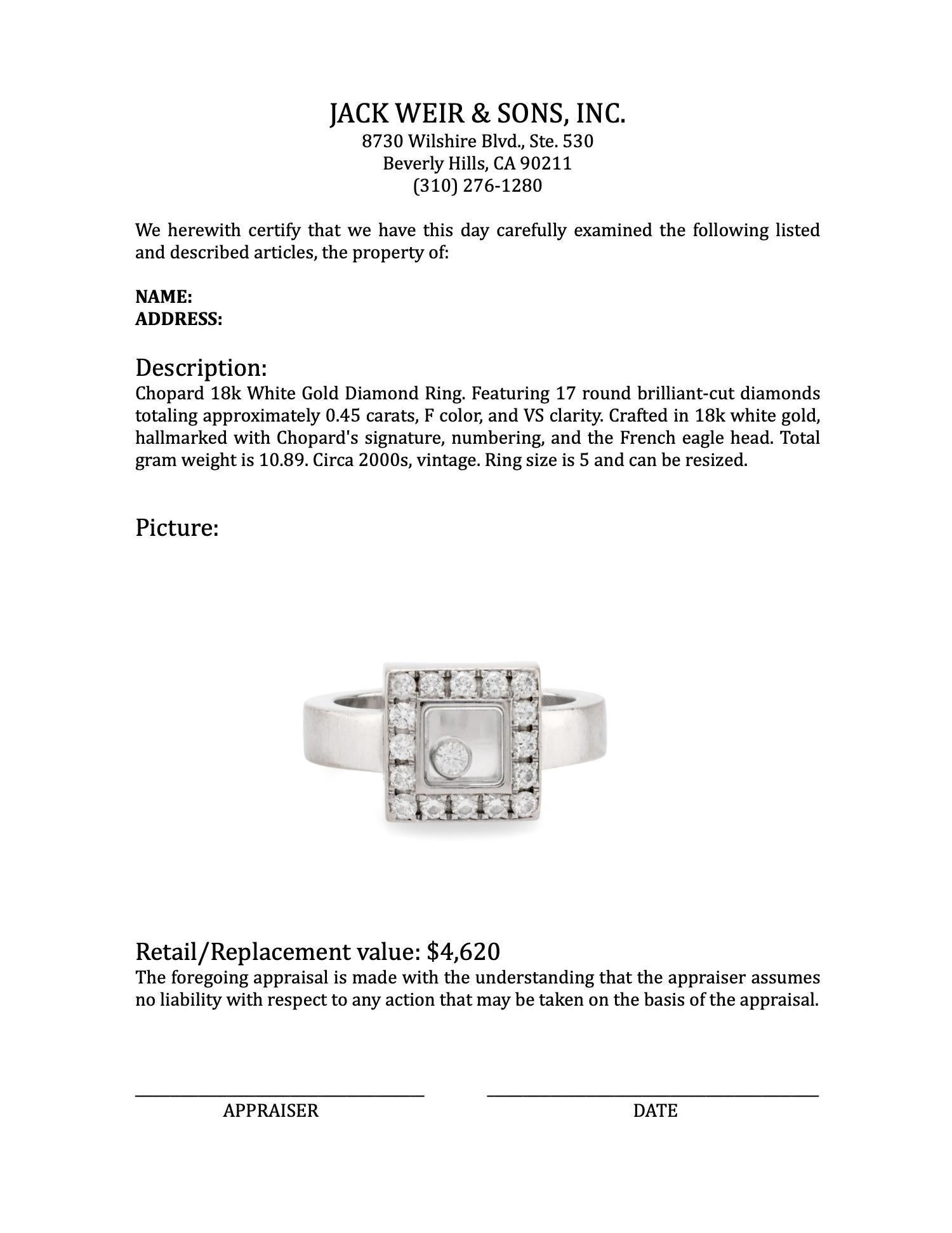 Women's or Men's Chopard happy 18k white gold diamond ring