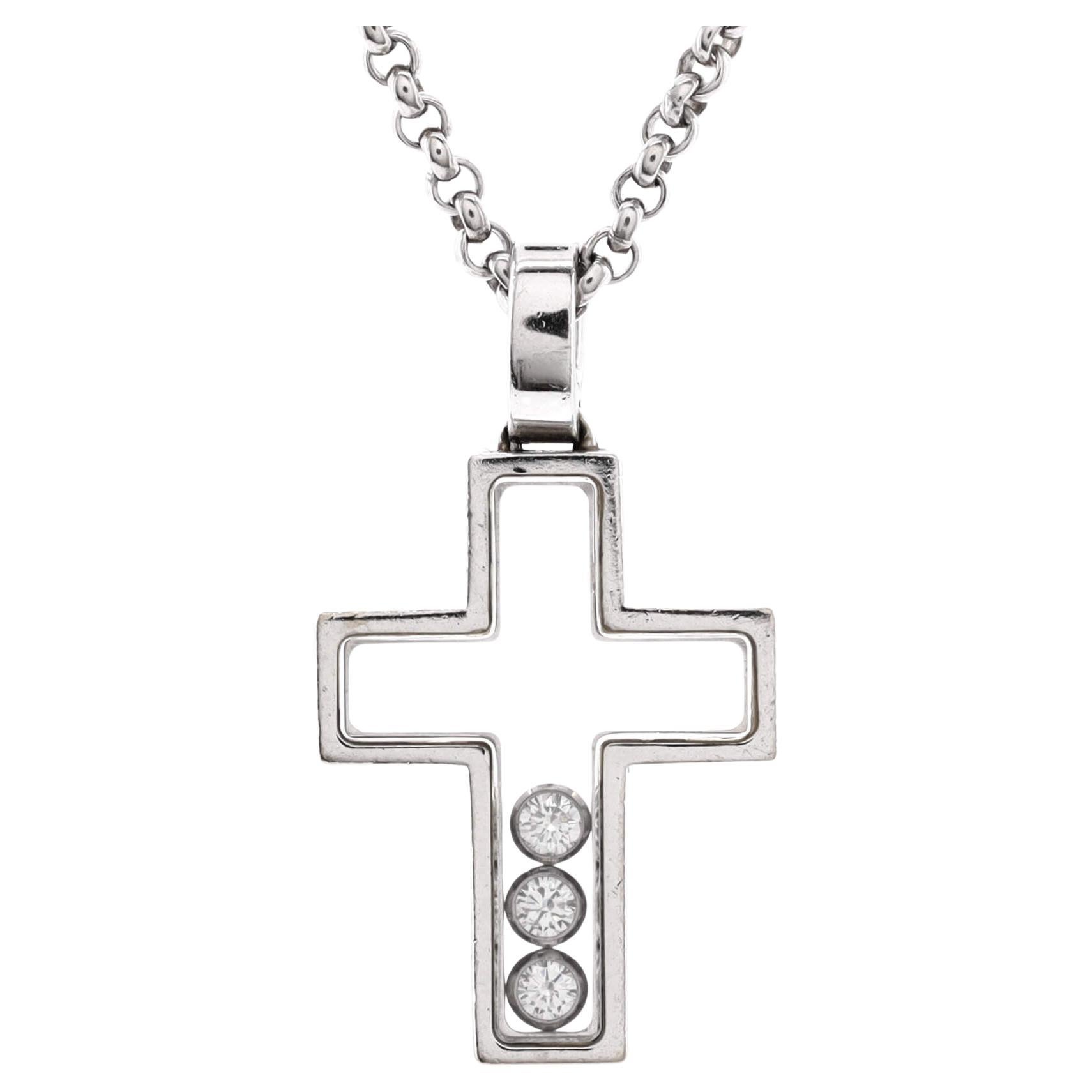 Chopard Happy 3 Diamonds Cross Pendant Necklace 18K White Gold with Float