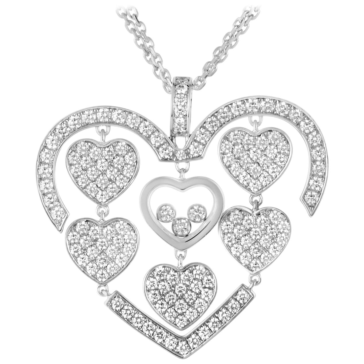 Chopard Happy Amore 18K White Gold Full Diamond Pave Multiple Hearts Pendant Nec