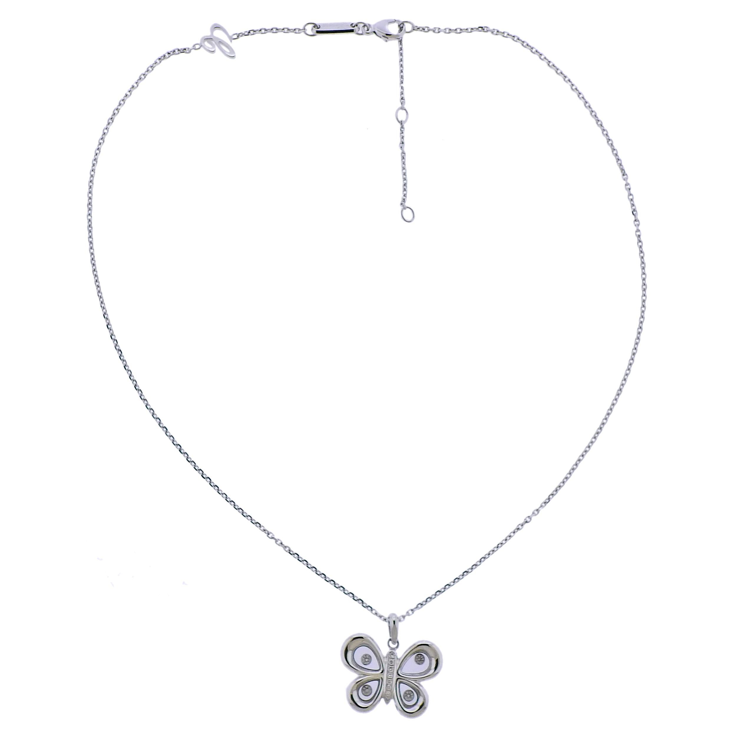 New 18k white gold Happy Butterflies necklace by Chopard, with approx. 0.12ctw in GH/VVS diamonds.  Retail $6650, with box and papers.  Necklace is 16.5