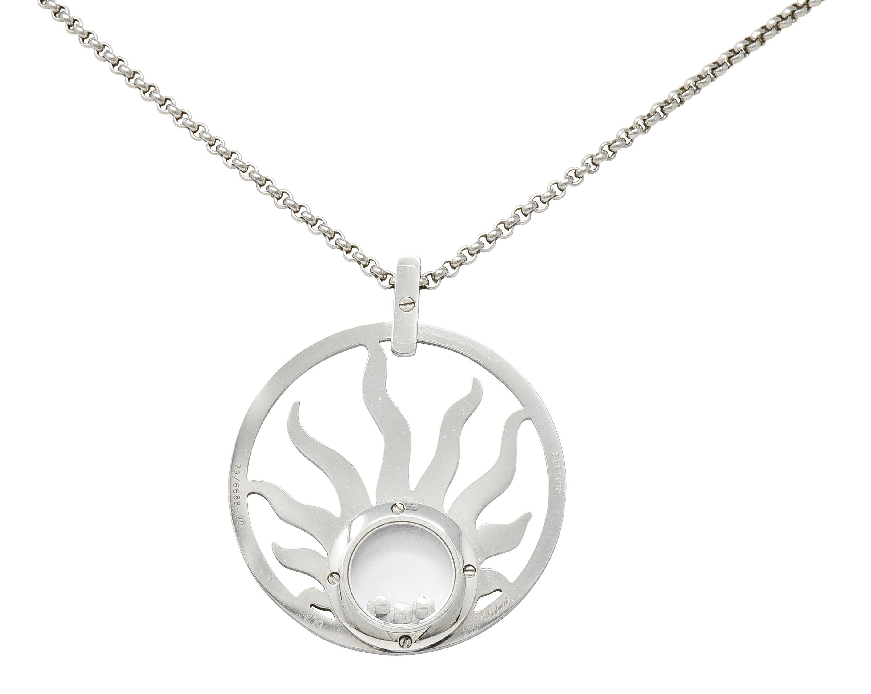 Round Cut Chopard Happy Diamond 18 Karat White Gold Sun Pendant Necklace