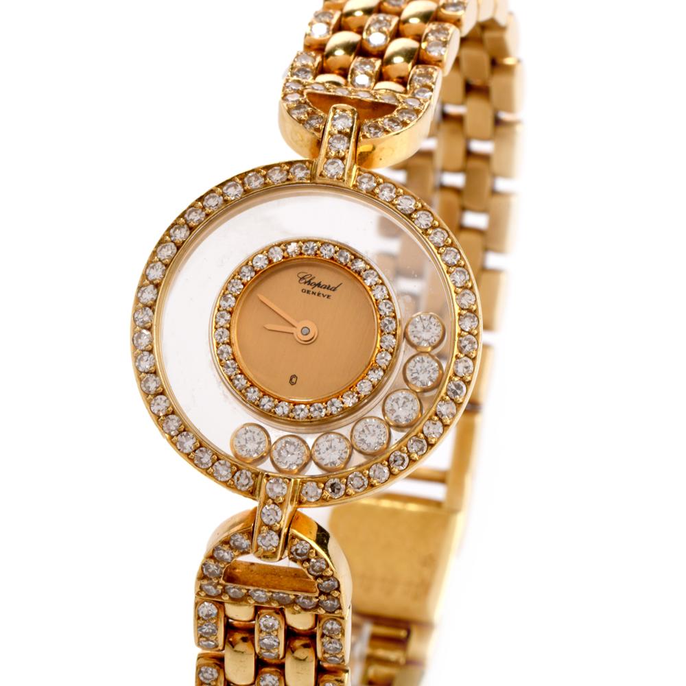 Chopard Glücklicher Diamant 18K Gold  Damenuhr refrence 4066, 26mm Gehäuse,  Damen-Quarzwerk

Chopard  mit champagnerfarbenem Zifferblatt, umgeben von werksseitig gefassten Diamantlünetten und

Diamantarmband aus 18 Karat Gelbgold mit einem
