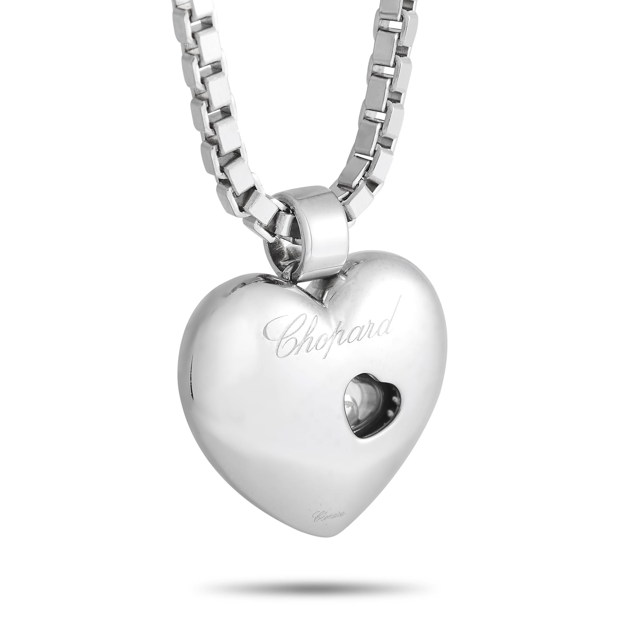 Express your love with this charming Chopard Happy Diamond necklace. Suspended from a sleek 16 chain, youll find an 18K White Gold heart-shaped pendant measuring 1.25 long by 1.0 wide. It comes to life thanks to bold letters and a floating diamond