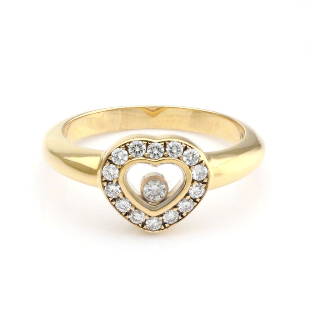 Chopard, bague Happy Diamond en or jaune 18 carats avec diamants et chaton en forme de cœur avec certificat