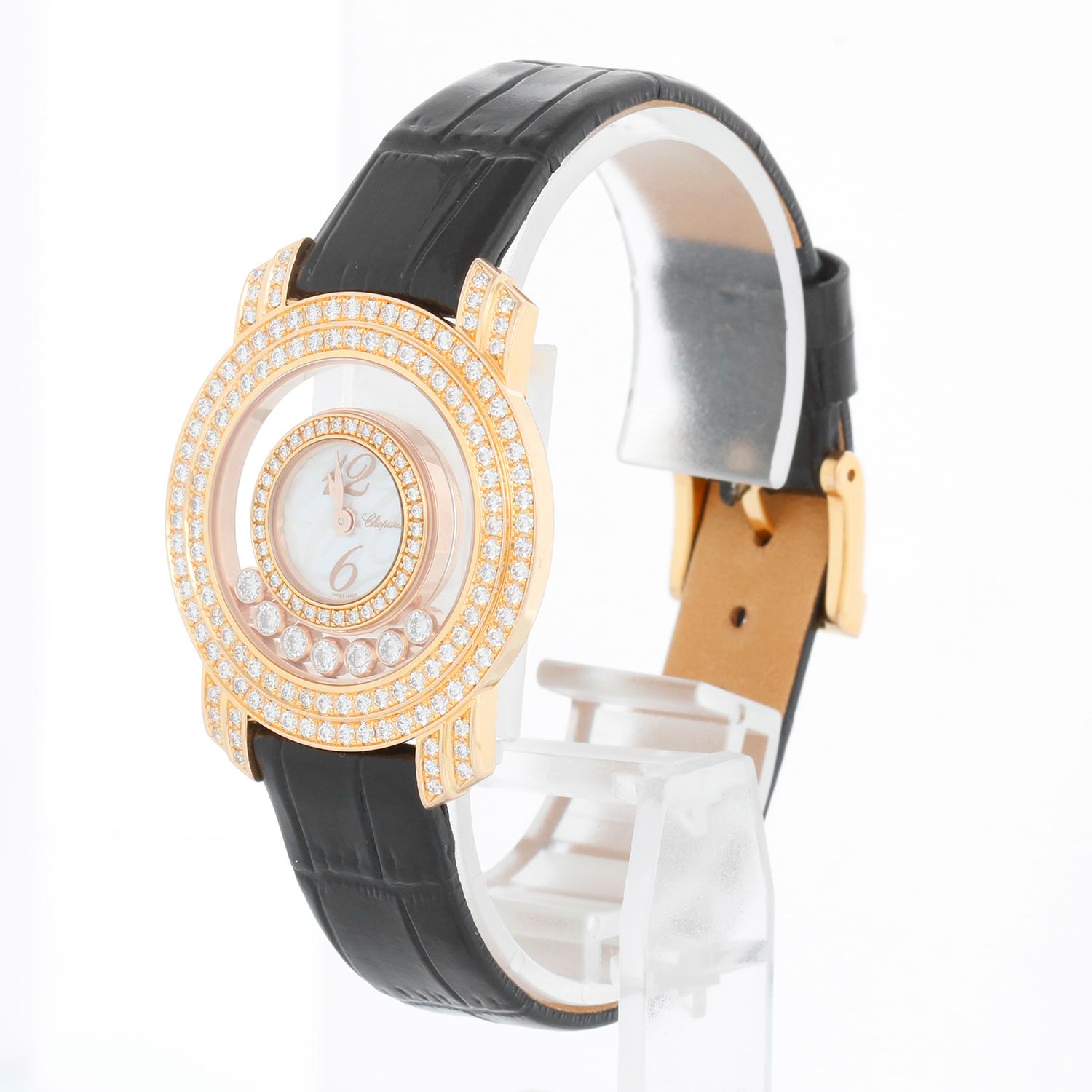 Chopard Happy Diamond 18k Yellow Gold Diamond Set Ref  209245-5001 - Quartz. 18K Yellow gold Diamonds Set on Bezel & Lugs  (30mm). Chopard Print Mother of Pearl White Dial with 7 Floating Diamonds Inside Case. Black strap band with 18K Yellow gold