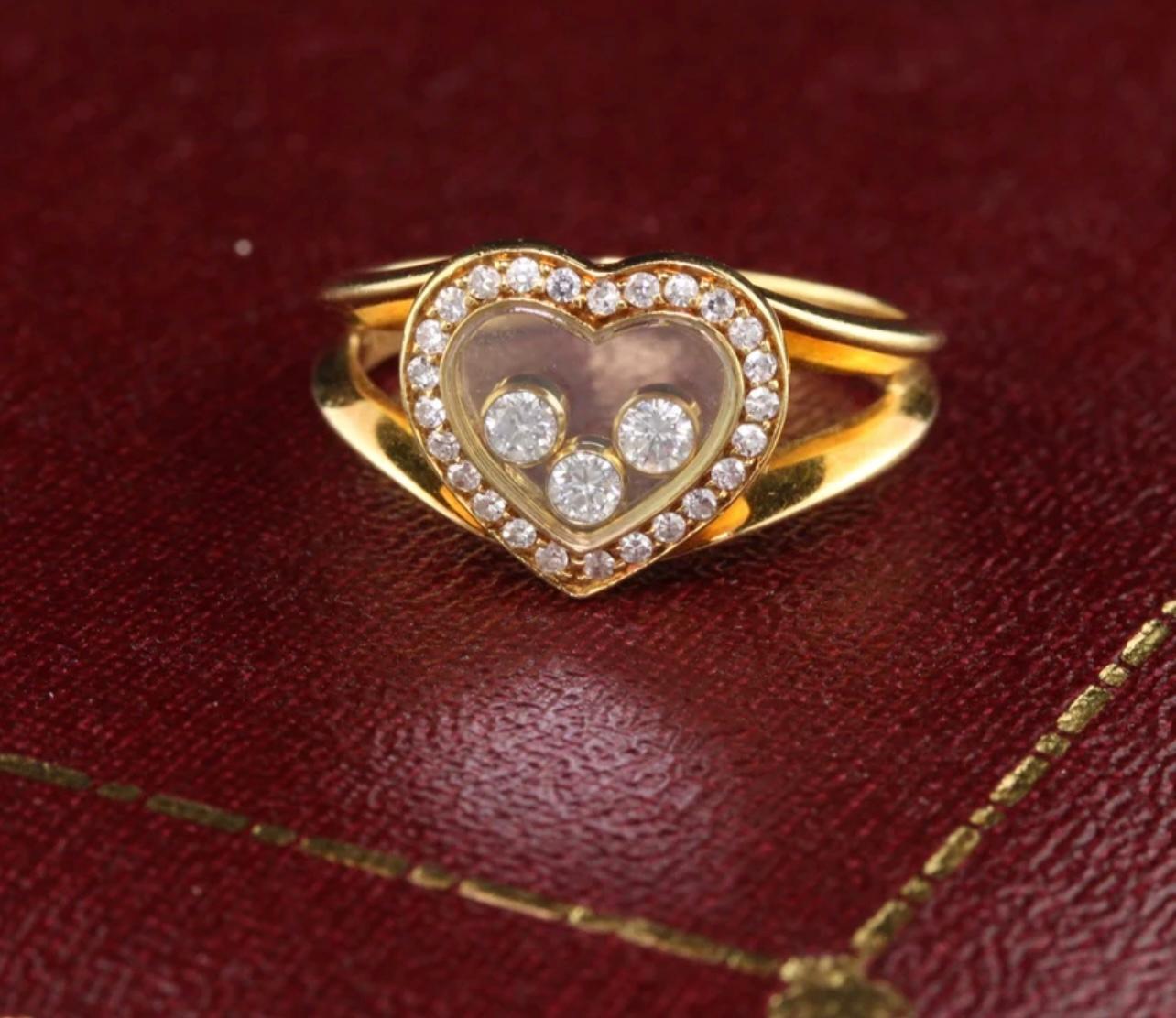 Round Cut Chopard Happy Diamond 18K Yellow Gold Heart Ring, Estate