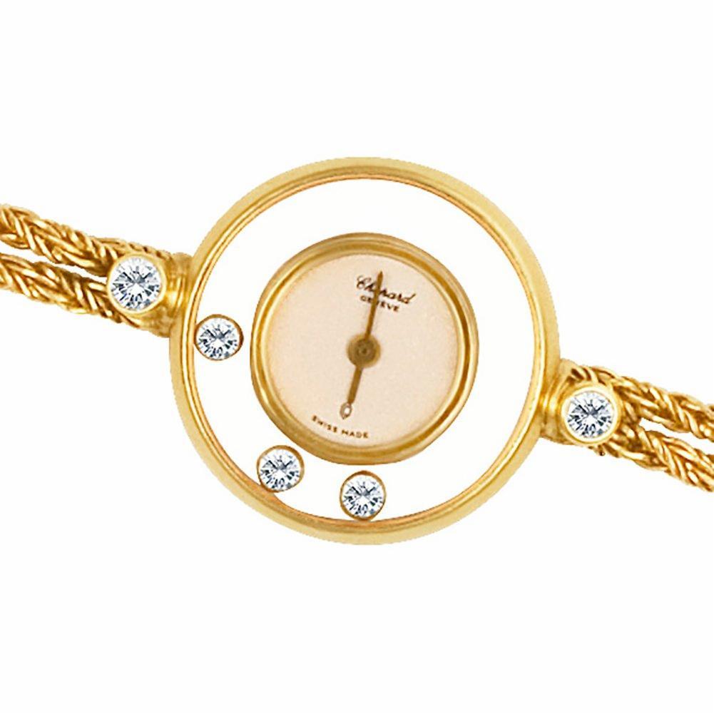 Ladies Chopard Happy Diamonds in 18k yellow gold with 3 floating diamonds on a double rope band with 2 diamonds in the lugs. Quartz. Ref 4049. Circa 1990s. Will fit a 6 inch wrist. Fine Pre-owned Chopard Watch. Certified preowned Dress Chopard Happy