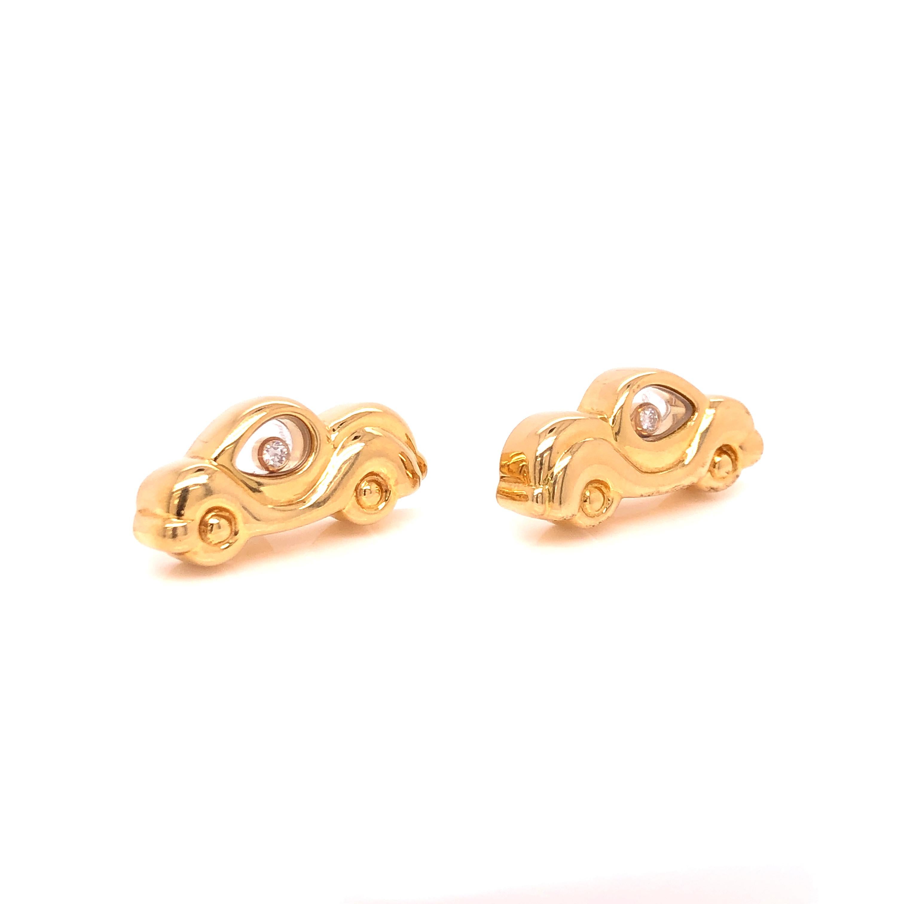 Chopard's Happy Diamond Car Cufflinks are reminiscent of carefree days on the back porch at grandma's house. The cartoon-like cars are made in 18K yellow gold with one bezel set in each car that in encased in quartz. 

From the Skibell Estate