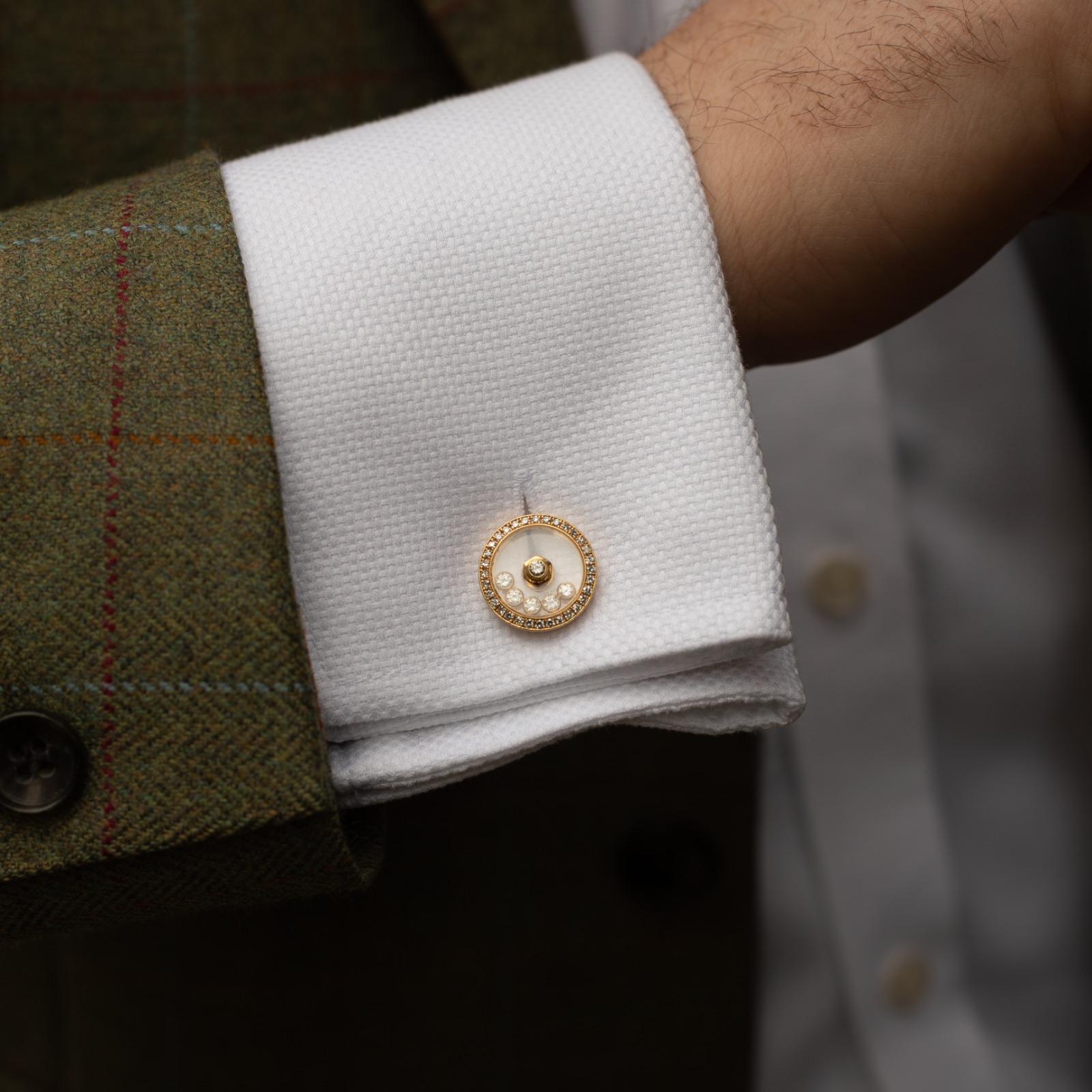 Round Cut Chopard Happy Diamond Circle 18 Karat Yellow Gold Cufflinks For Sale