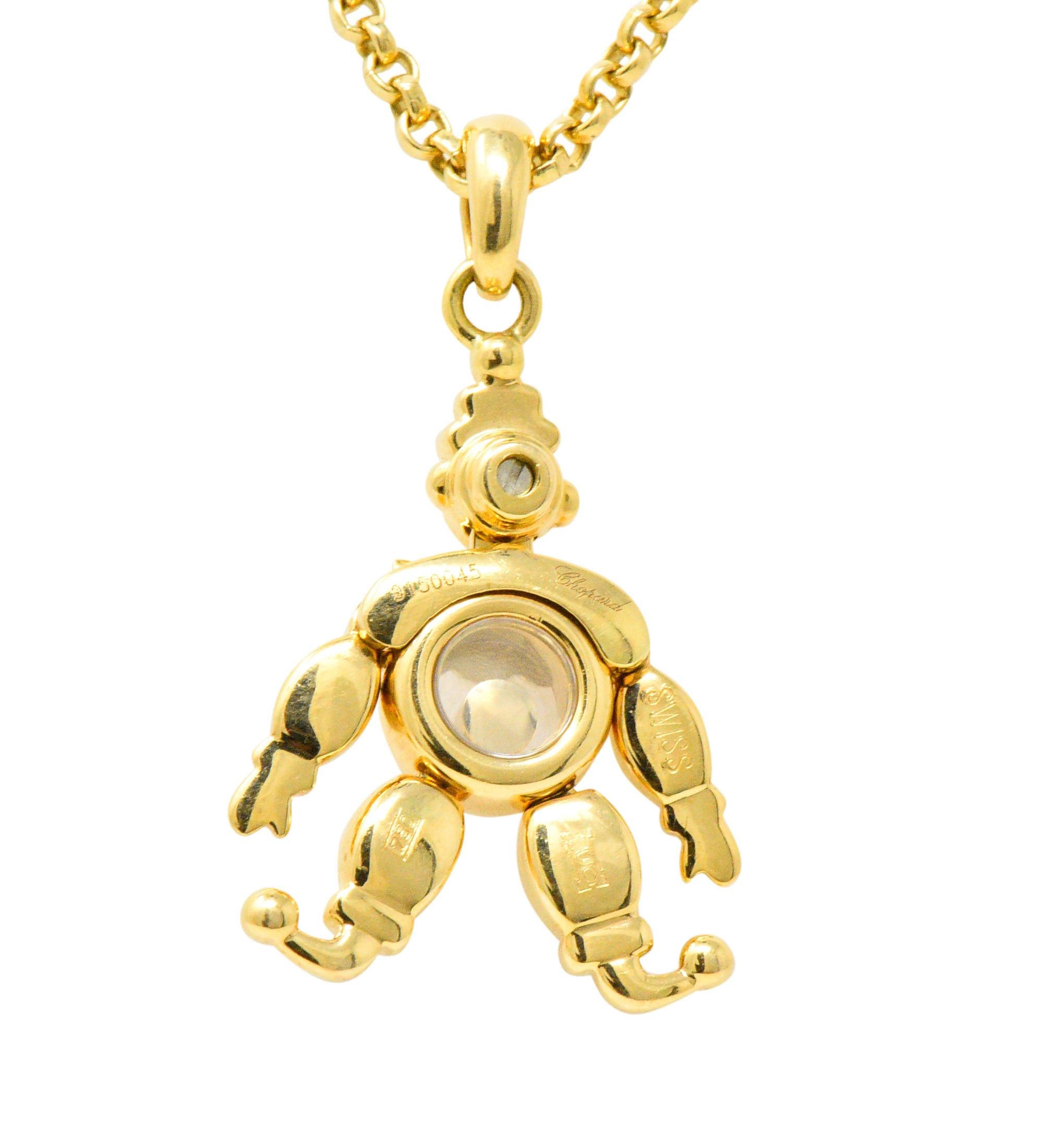 Chopard Clown from the HAPPY DIAMONDS collection

Articulated with moving arms and legs 

Crystal cased body featuring bezel set 0.05 carat freely moving diamond, E color and VS clarity

Rolo chain link with lobster clasp 

Chain Measures: 16 1/4