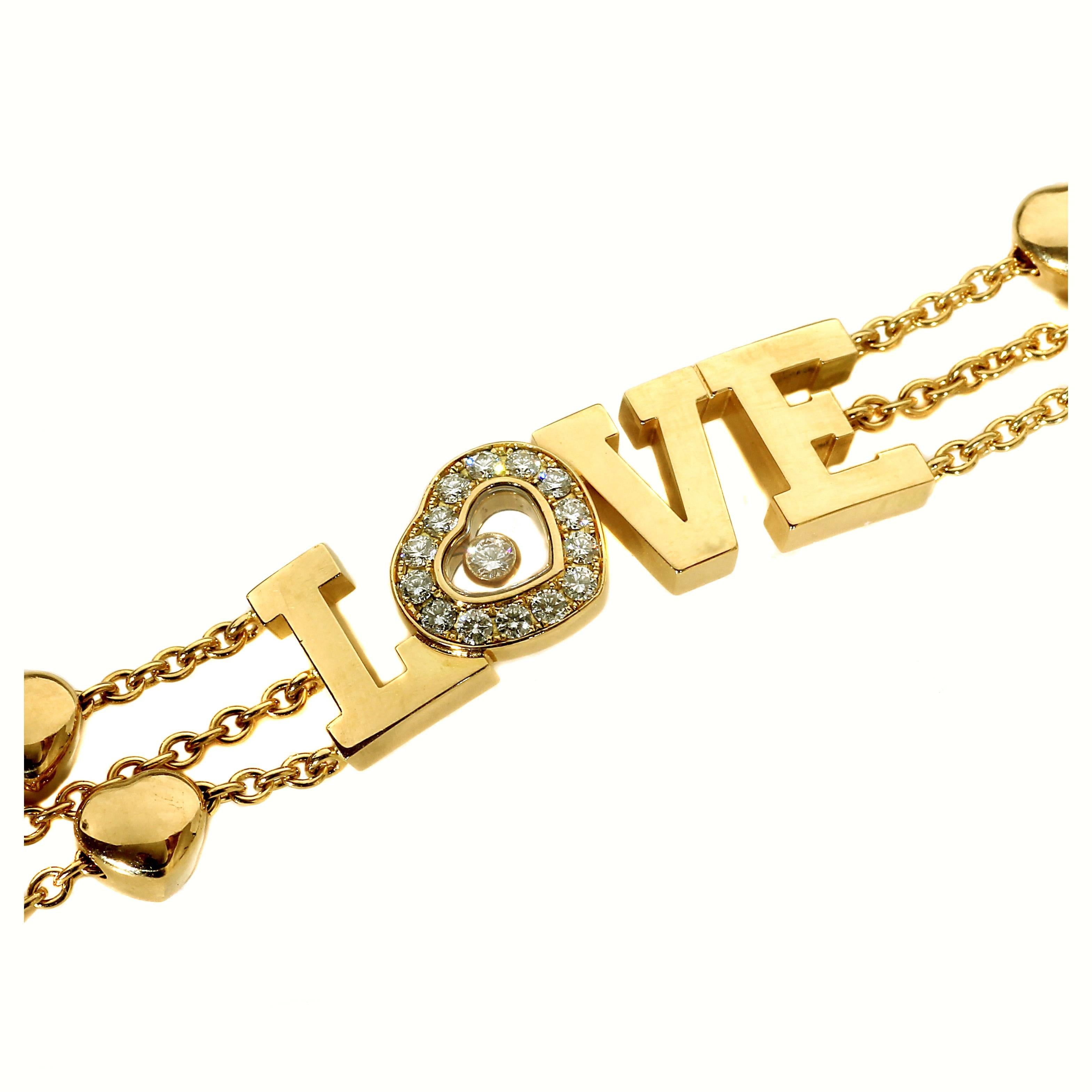 From Chopard’s popular Happy Diamonds collection, this delightful 18k yellow gold piece has “love” written all over it with 15 Round Brilliant Cut Diamonds embedded into the letter O, which is shaped like a heart.

Length: 6 1/2″
Dimensions: The